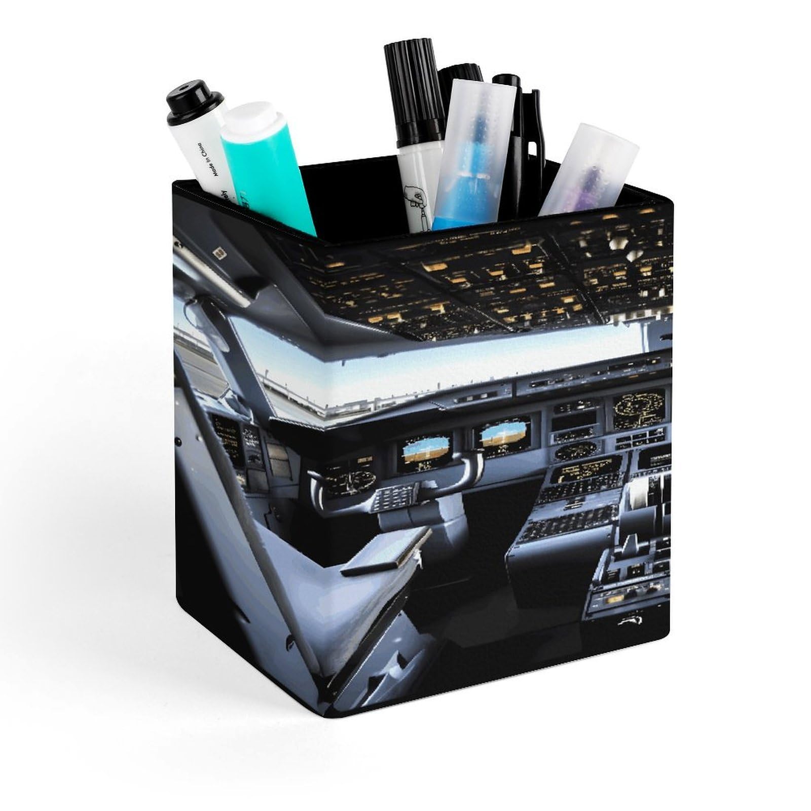 LZQPOEAS Airplane Cockpit Square Pen Pencil Holder PU Leather Pencil Cup Desktop Stationery Organizer Office Accessories Container