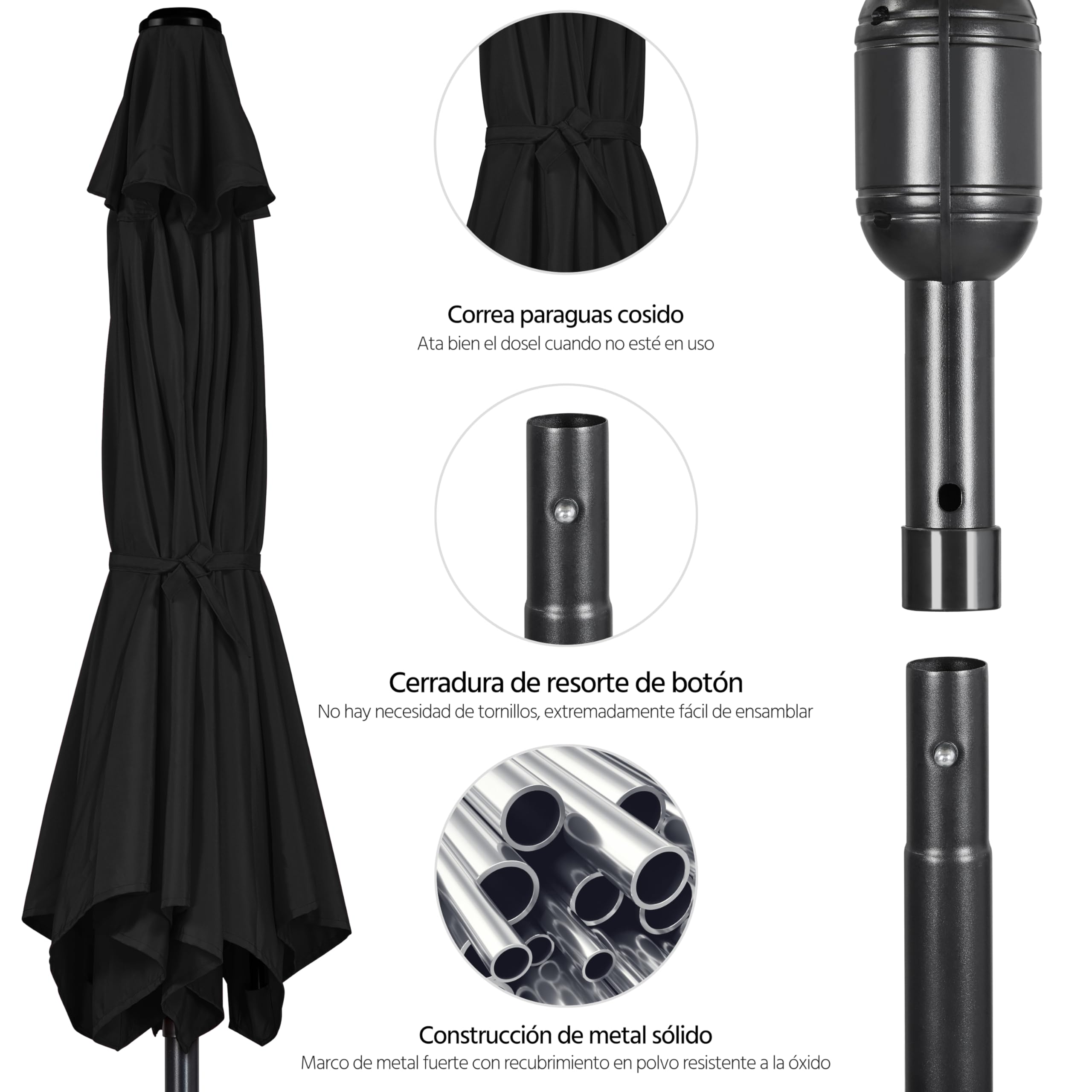 Yaheetech Parasol Sombrilla Jardín 270cm Inclinable Impermeable Negro | Protección UV, Manivela Cómoda, 8 Varillas, Estructura Metálica Reforzada,Fácil de Montar,para Exterior/Restaurante/Cafetería