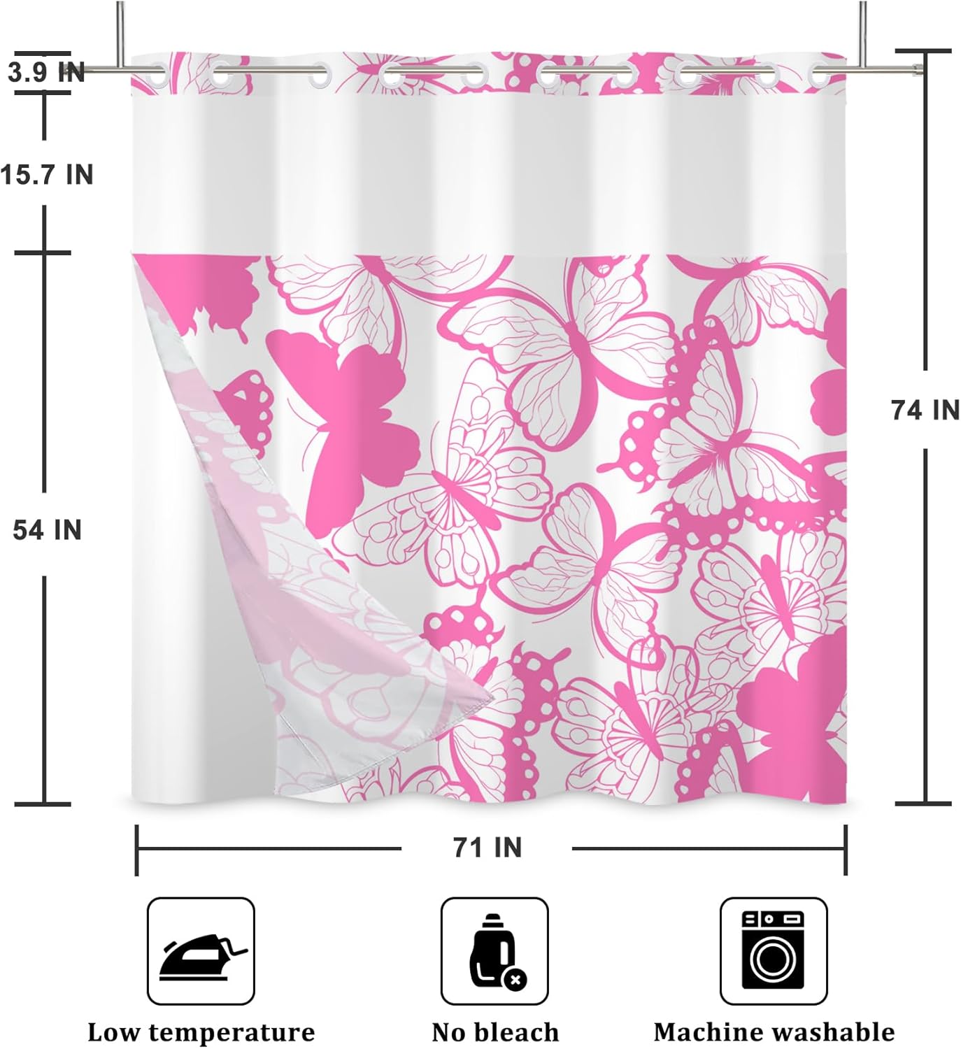 Baocicco No Hook Pink and White Butterfly Shower Curtain with Snap in Fabric Liner Set Aesthetic Women Girls Hotel Style Waterproof Fabric Double Layers with See Through Mesh Top Window 71x74 Inch