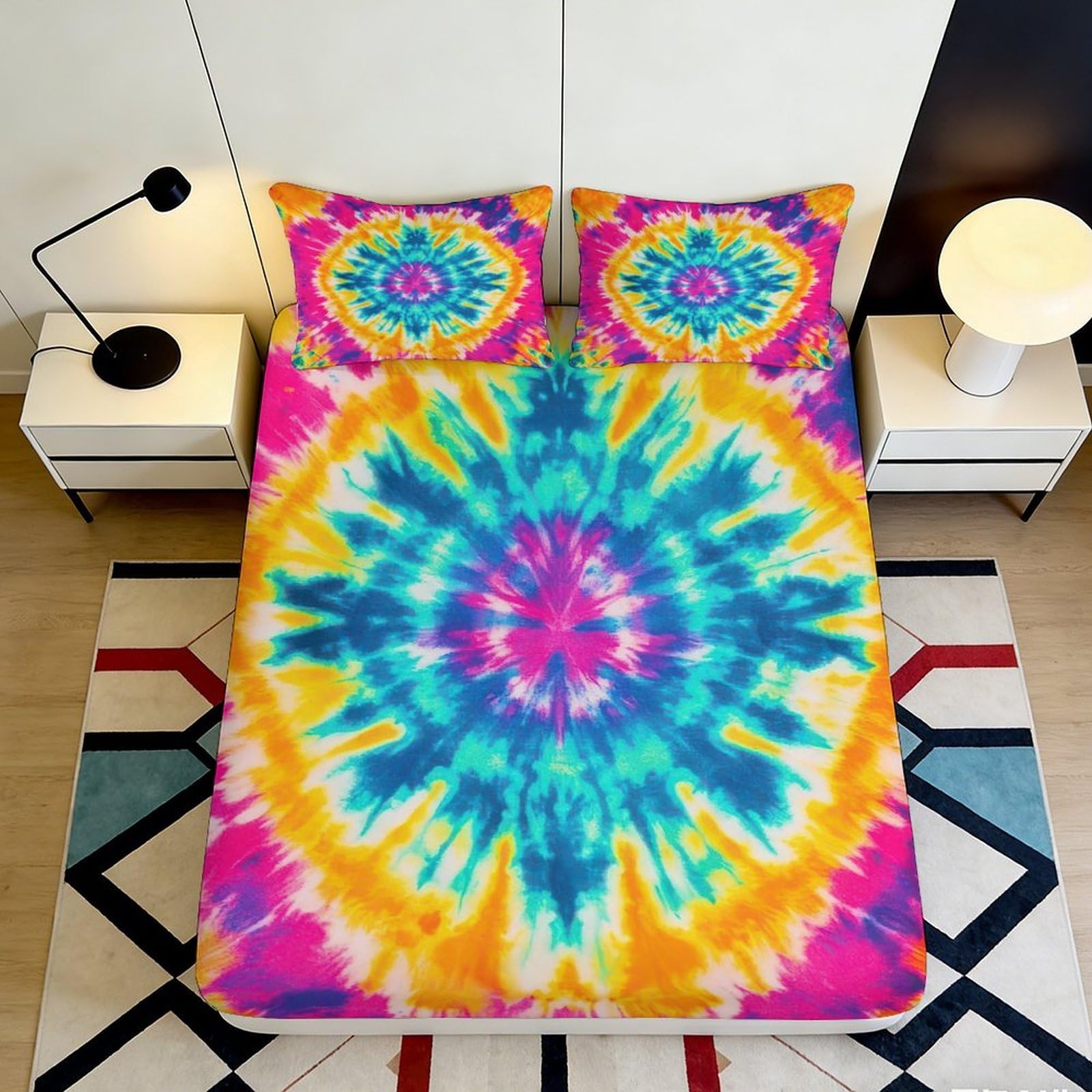 3D Printed Rainbow Tie Dye Fitted Sheet Microfiber Vibrant Spiral Pattern Mattress Cover for Bedroom Dorm Guest Room Decor 90x200x25cm