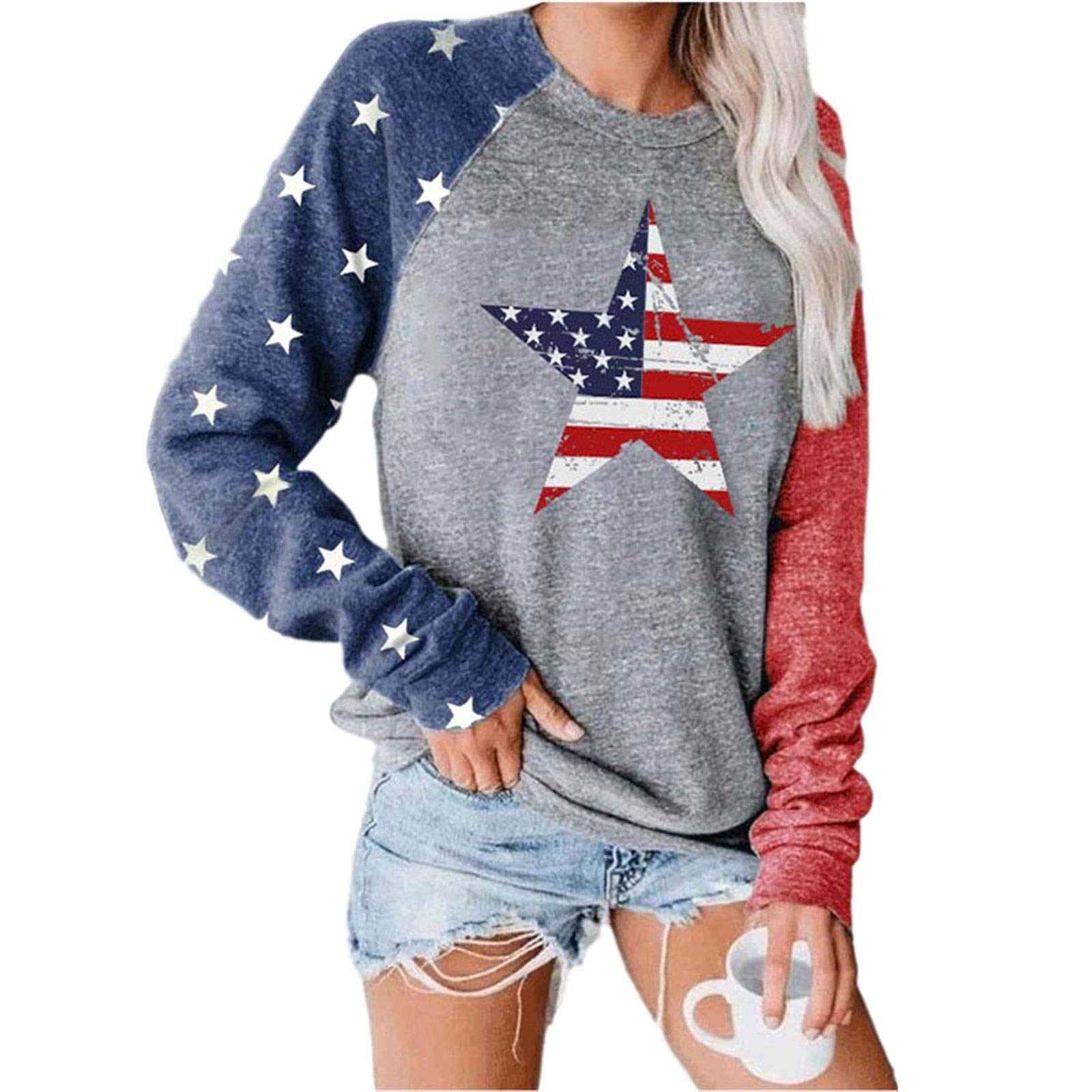 Hong Yi Fei-Shop USA Flag Printed Pullover for Women Long Sleeve Casual Blouse Teen Girls Tops Shirts Tee Polos