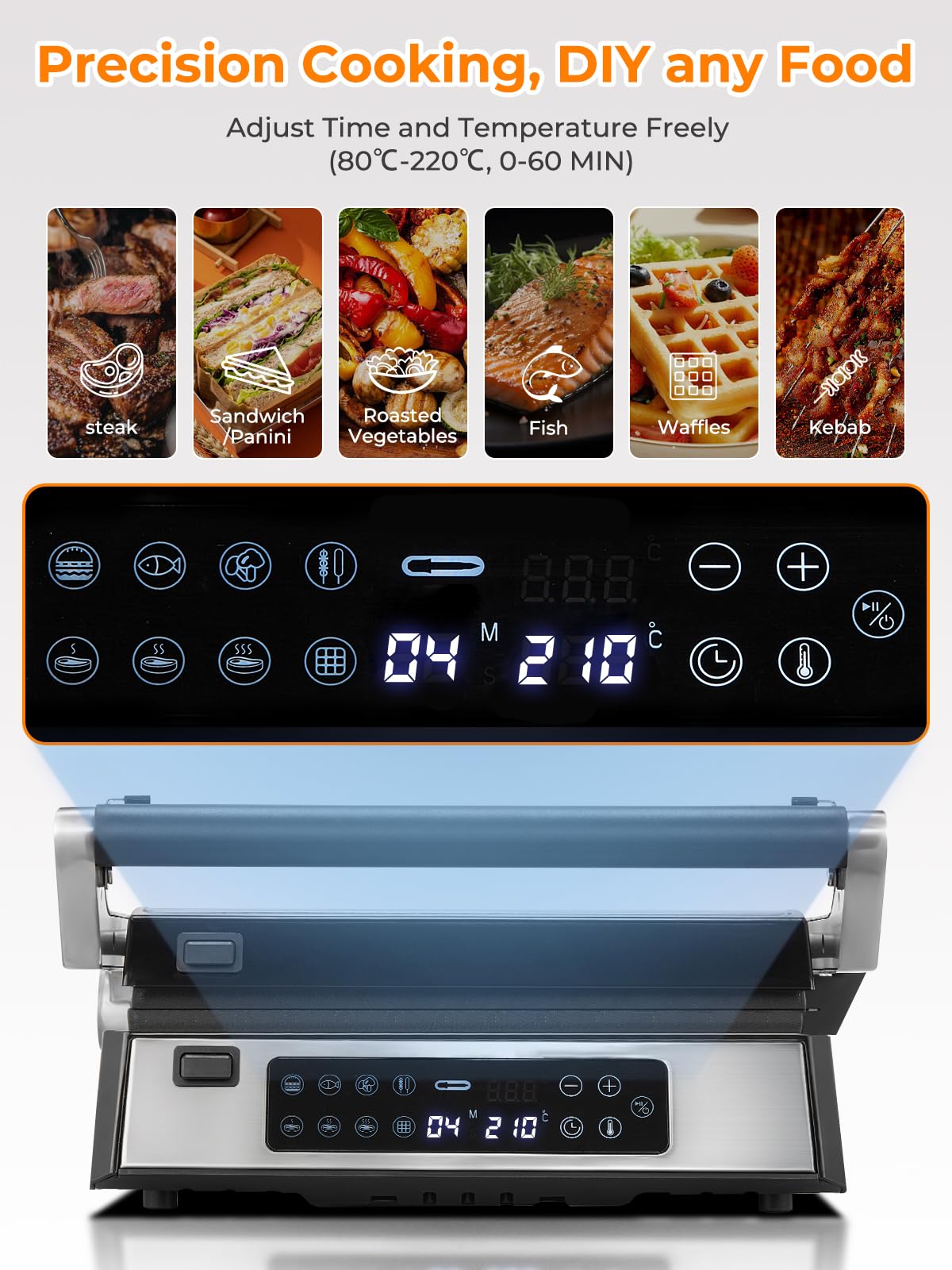 FOHERE XL Kontaktgrill Multifunktionaler, 4 in 1 SandwichMaker & Waffeleisen 2200W mit 4 Antihaftbeschichteten abnehmbaren Platten, individuelle Zeit und Temperatur, LED-Anzeige, 8 Programme