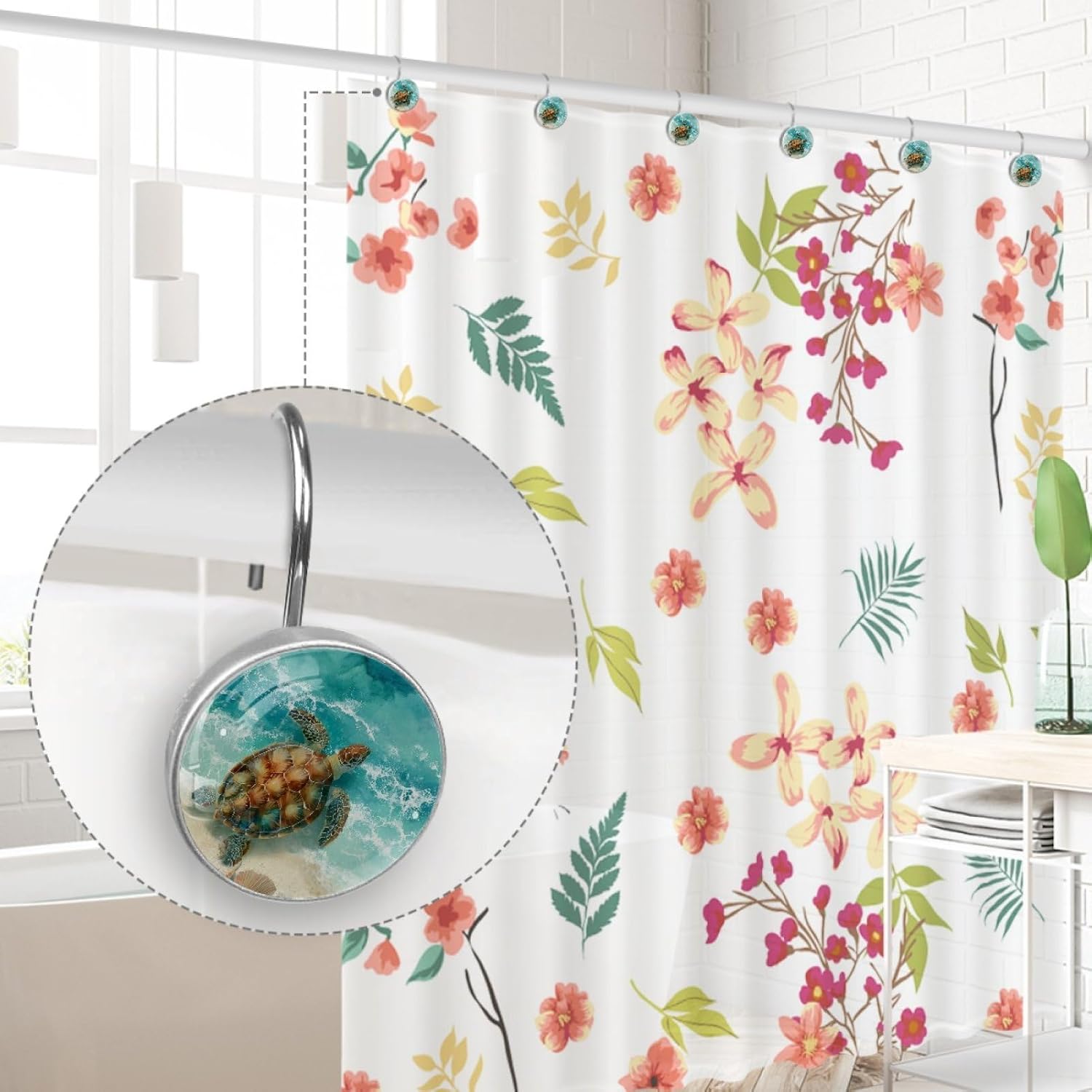 12 PCS Ocean Beach Turtle Shower Curtain Hooks, Rustproof Crystal Glass Shower Curtain Rings Decorative Shower Hooks, Round Shower Rings Hangers, Home Bathroom Bedroom Decor
