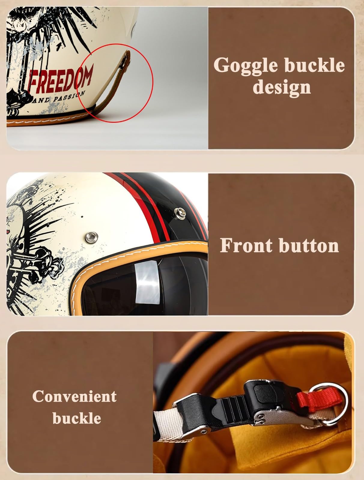 Otwarty kask motocyklowy, vintage półkask dla mężczyzn i kobiet, zderzeniowy kask motocyklowy do skutera, cruisera i motoroweru, dopuszczony do użytku na drogach publicznych zgodnie z ECE 2205