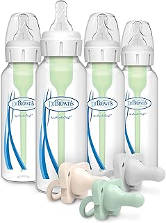 Dr. Brown’s Options+ Anti‑Colic 8oz Narrow Bottles (4) with HappyPaci 100% Silicone Pacifiers 0–6M (3-Pack)