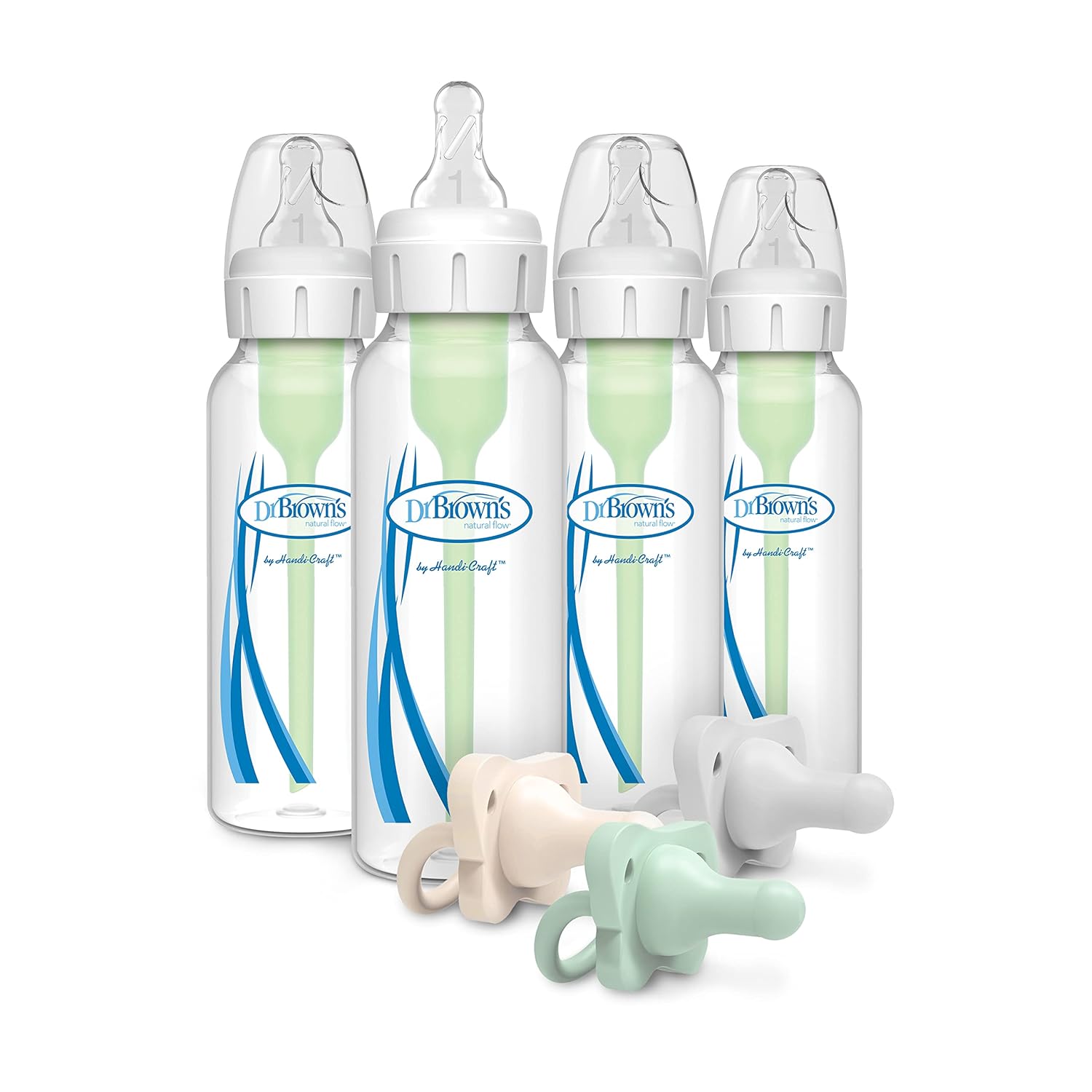 Dr. Brown’s Anti-Colic Options+ Baby Bottles, Narrow, 8oz, 4 Pack and HappyPaci 100% Silicone Pacifier 0-6m, BPA Free, Green, Ecru, Cool Gray 3-Pack
