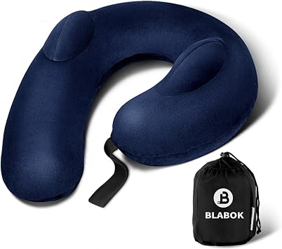 Inflatable Neck Pillow for Travel Travel Pillow Support Head and Neck, Soft Washable Velvet Cover, Compact Neck Support Pillow for Airplane Dark Blue