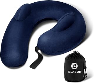 Inflatable Neck Pillow for Travel – Travel Pillow Support Head and Neck, Soft Washable Velvet Cover, Compact Neck Support Pillow for Airplane (Dark Blue)
