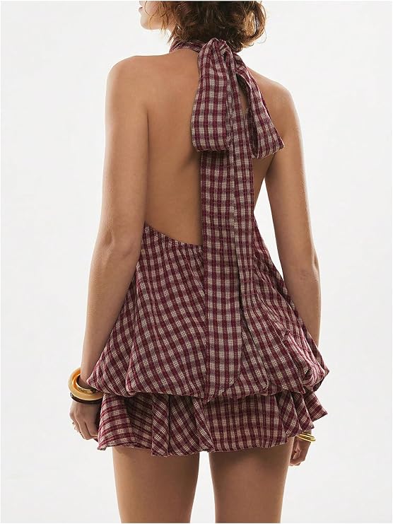 SOLY HUX Women's Plaid Halter Mini Dress Ruffle Bubble Hem Going Out Dress
