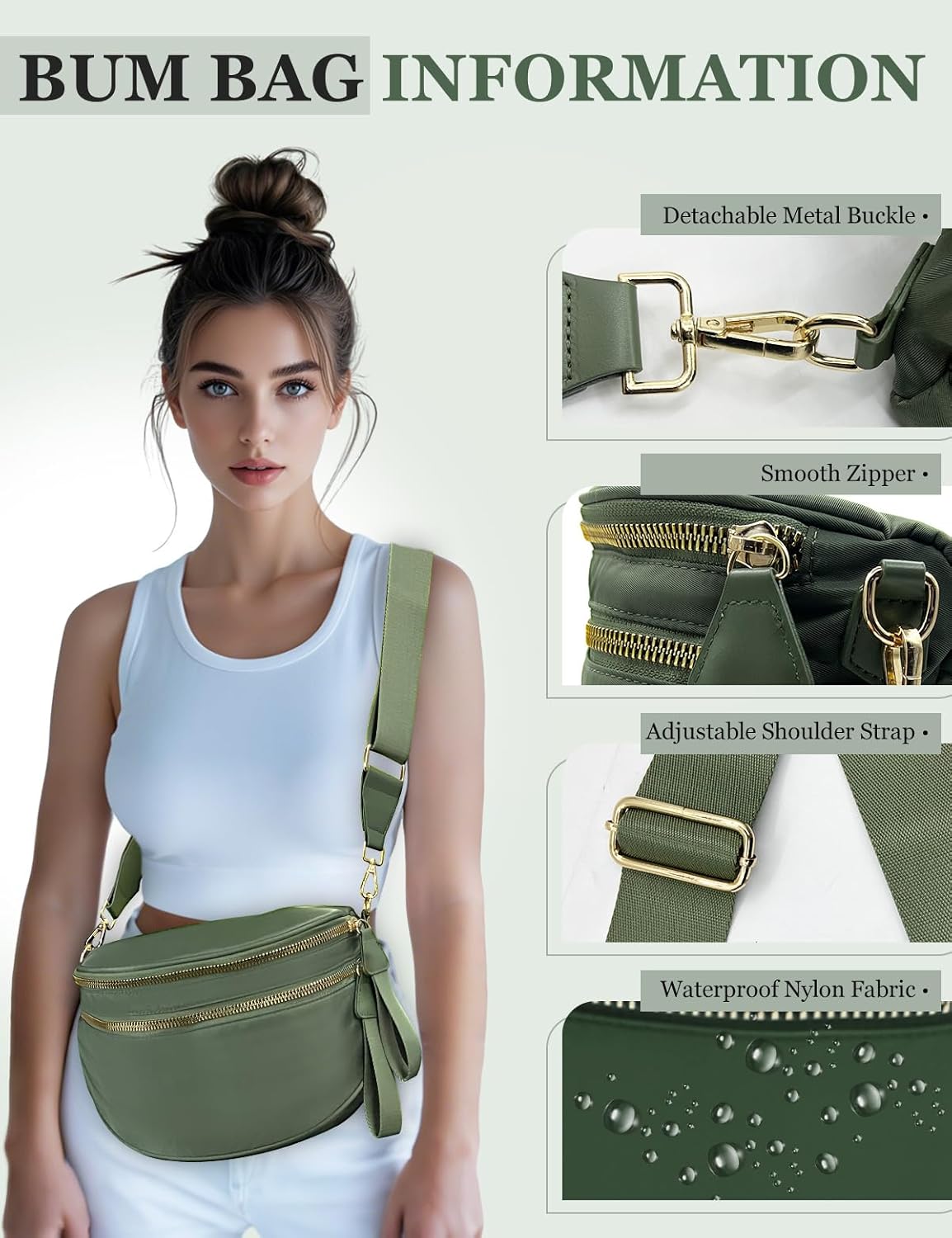 Bum Bags for Women Nylon Crossbody, Spacious Fanny Packs Belt Bag Large Sling Bag with Adjustable Strap - Image 4