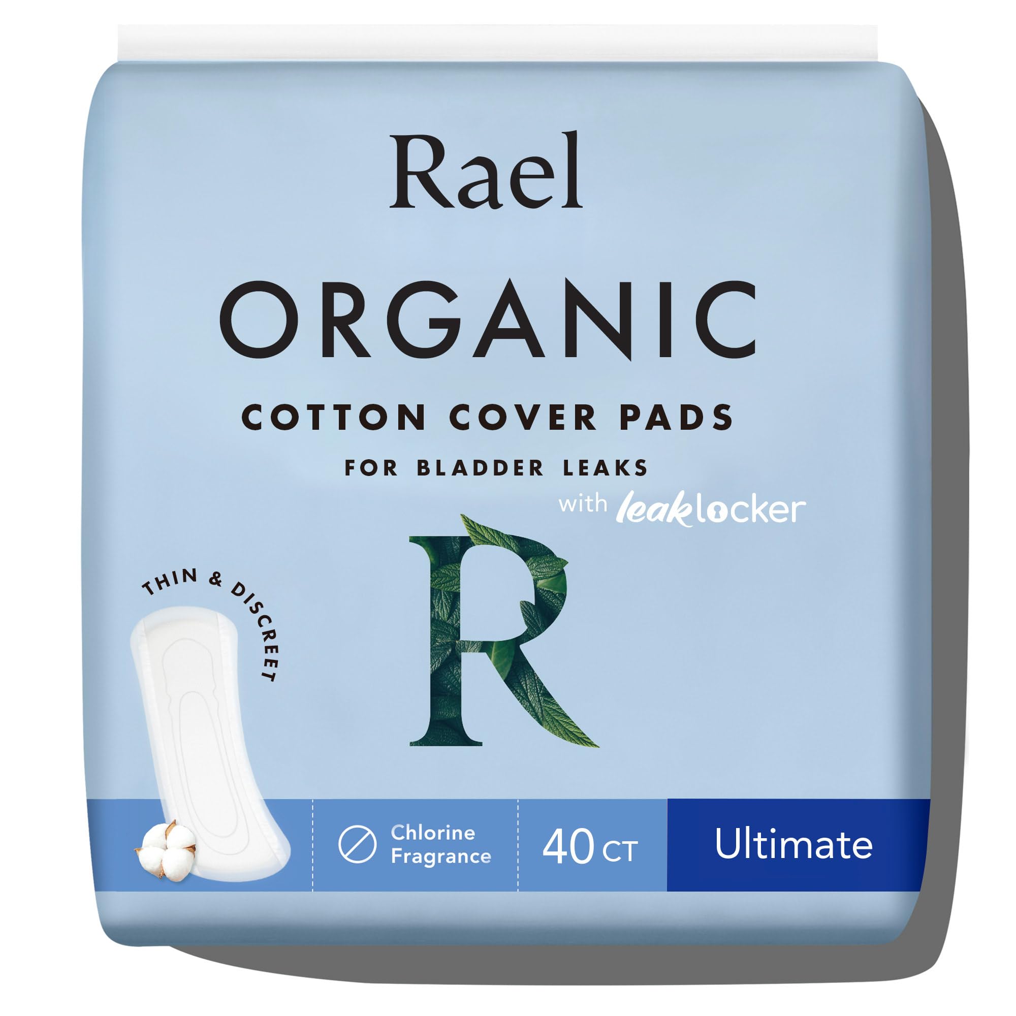 Rael Incontinence Pads for Women, Organic Cotton Cover - Postpartum Essential, Heavy Absorbency, Bladder Leak Control, 4 Layer Core with Leak Guard Technology, Long Length (Ultimate, 40 Count)
