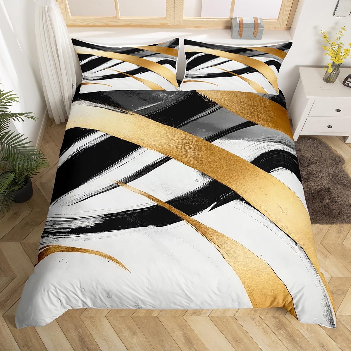 Loussiesd Black White Gold Duvet Cover Kids Abstract Line Bedding Set Junior/Cot Bed Size for Boys Girls Teens Modern Geometric Soft Lightweight Polyester Room Decor,with 1 Pillow Cases