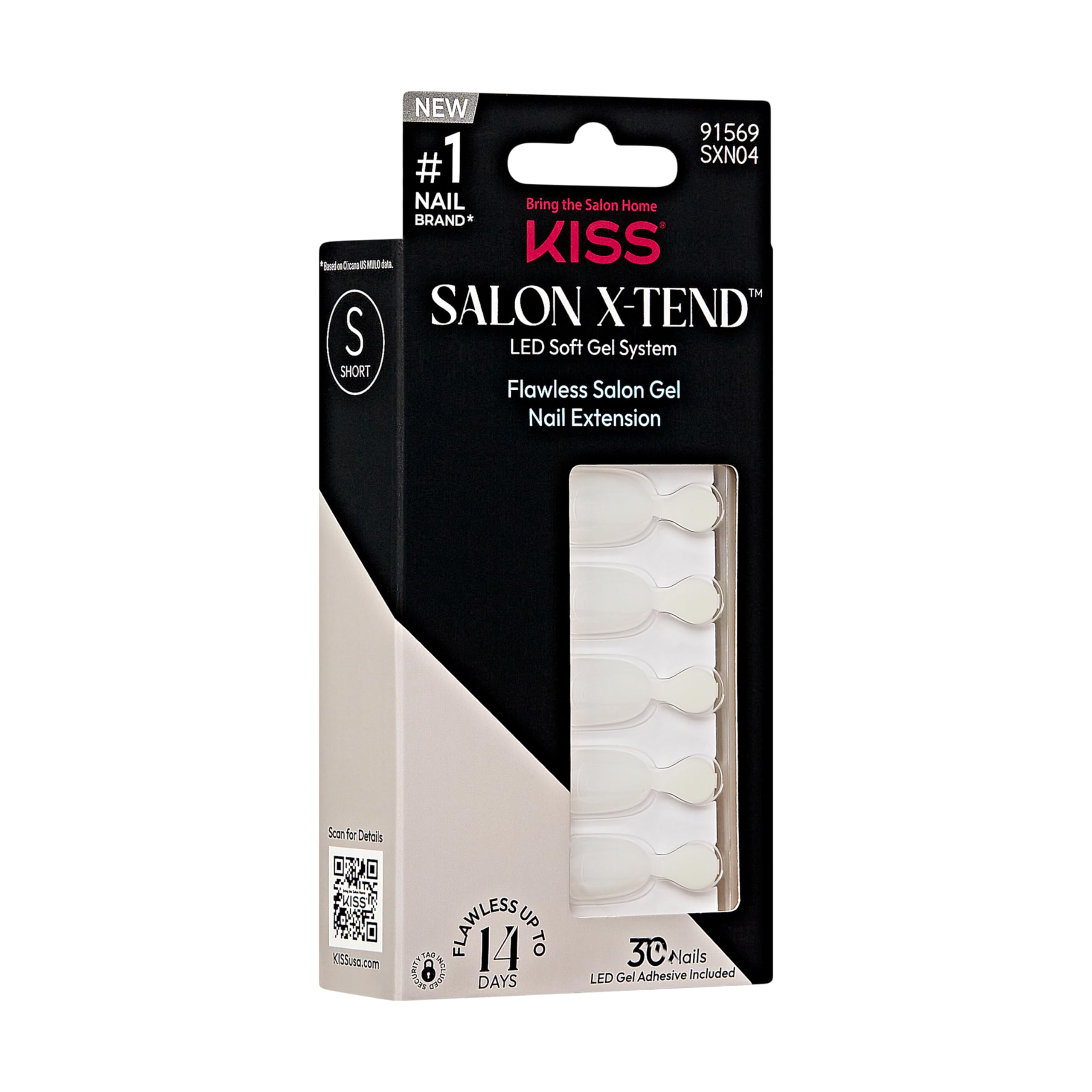 KISS Salon X-tend - Unghie a pressione, colla per unghie inclusa, Keep It, bianco chiaro, formato corto, forma ovale, 34 carati.