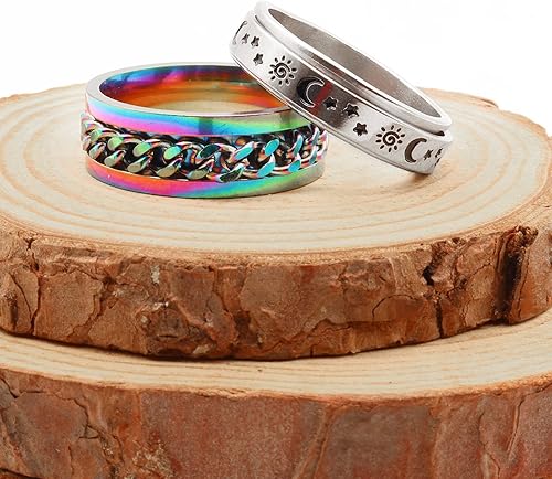 Miniatura 8 de Juego de anillos de acero inoxidable para mujeres y hombres, anillos de ansiedad, luna y estrella, anillo para aliviar la ansiedad y el estrés