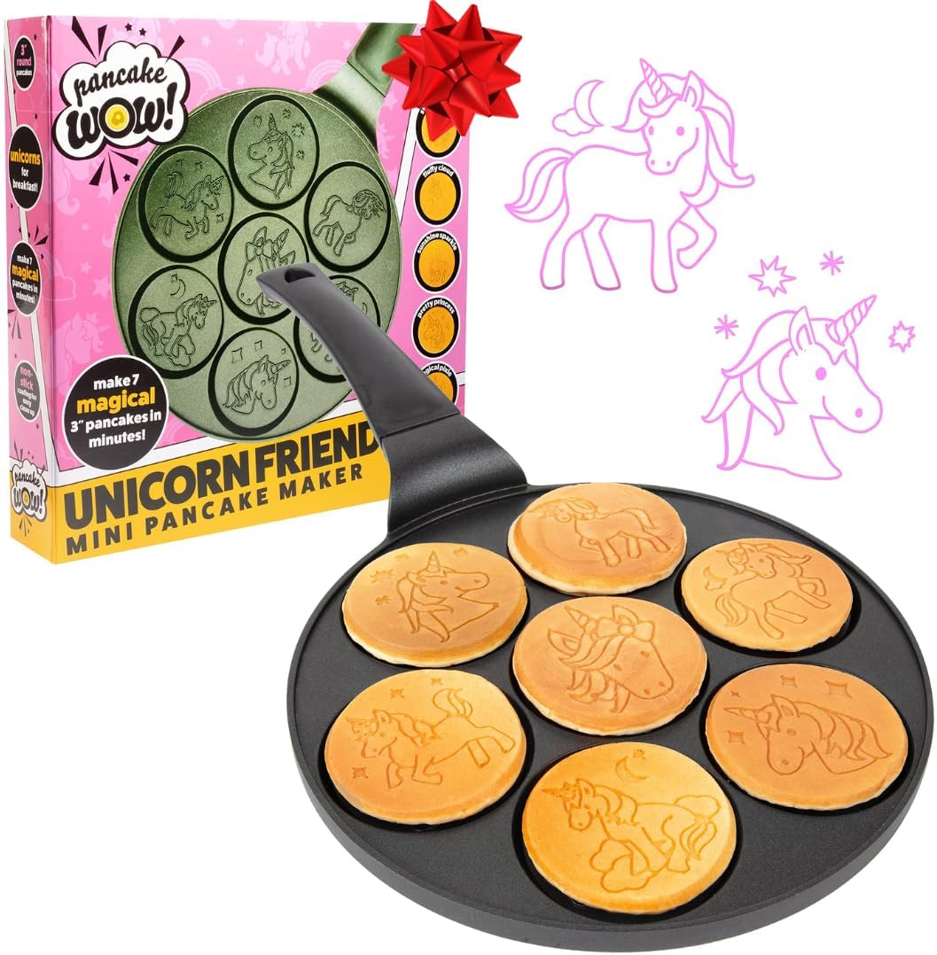 Unicorn Mini Pancake Pan - Make 7 Unique Flapjack Unicorns, Nonstick Pan Cake Maker Griddle for Breakfast Fun & Easy Cleanup