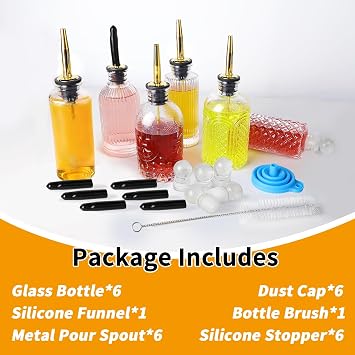 Coffee Syrup Dispenser Olive Oil and Vinegar Glass Bottle Set of 6 Ideal for Kitchen, Coffee Bar, Clear Simple Small Syrup Bottles, with Leak-Proof Lids, Pour Spout, Glass Stopper