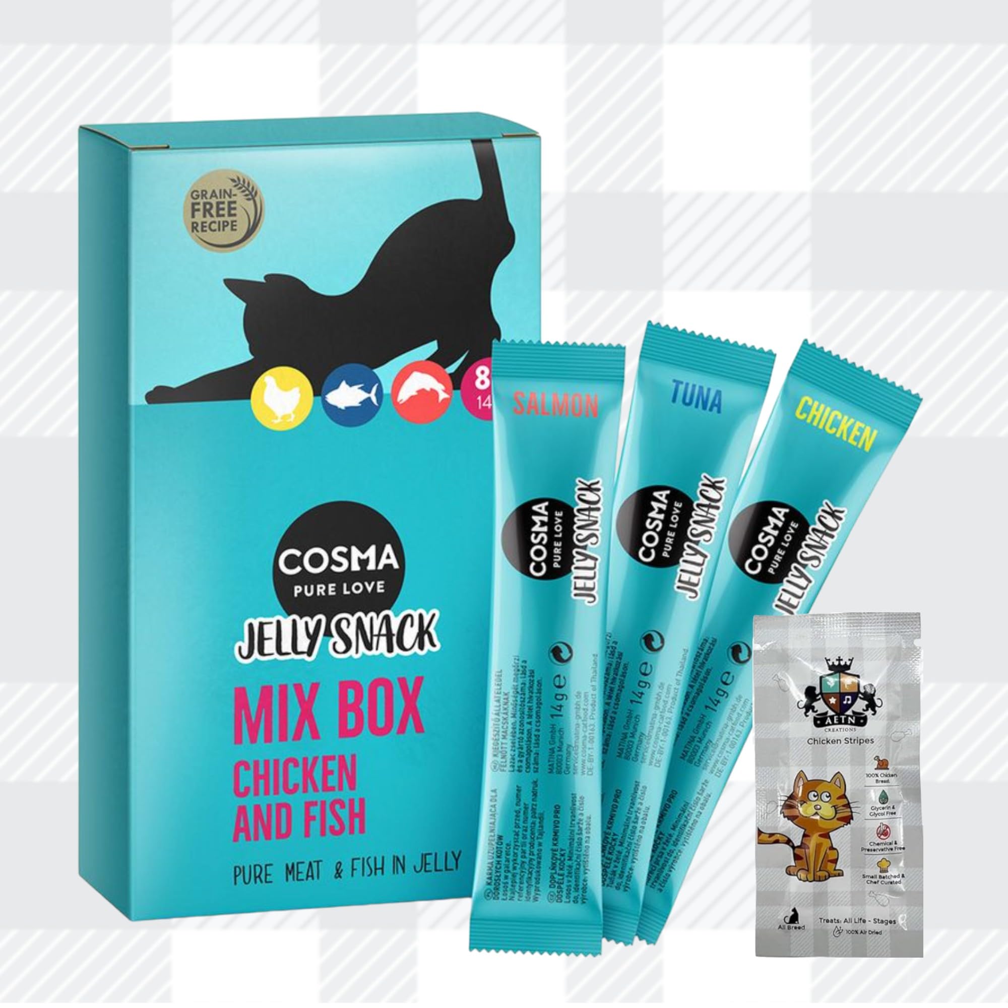 AETN Creations Jelly Snacks Bundle Pack for Cats - 16 x 14g Chicken & Fish Flavours - Includes 1 of 6 Exclusive Cat Quote Coasters - Image 2
