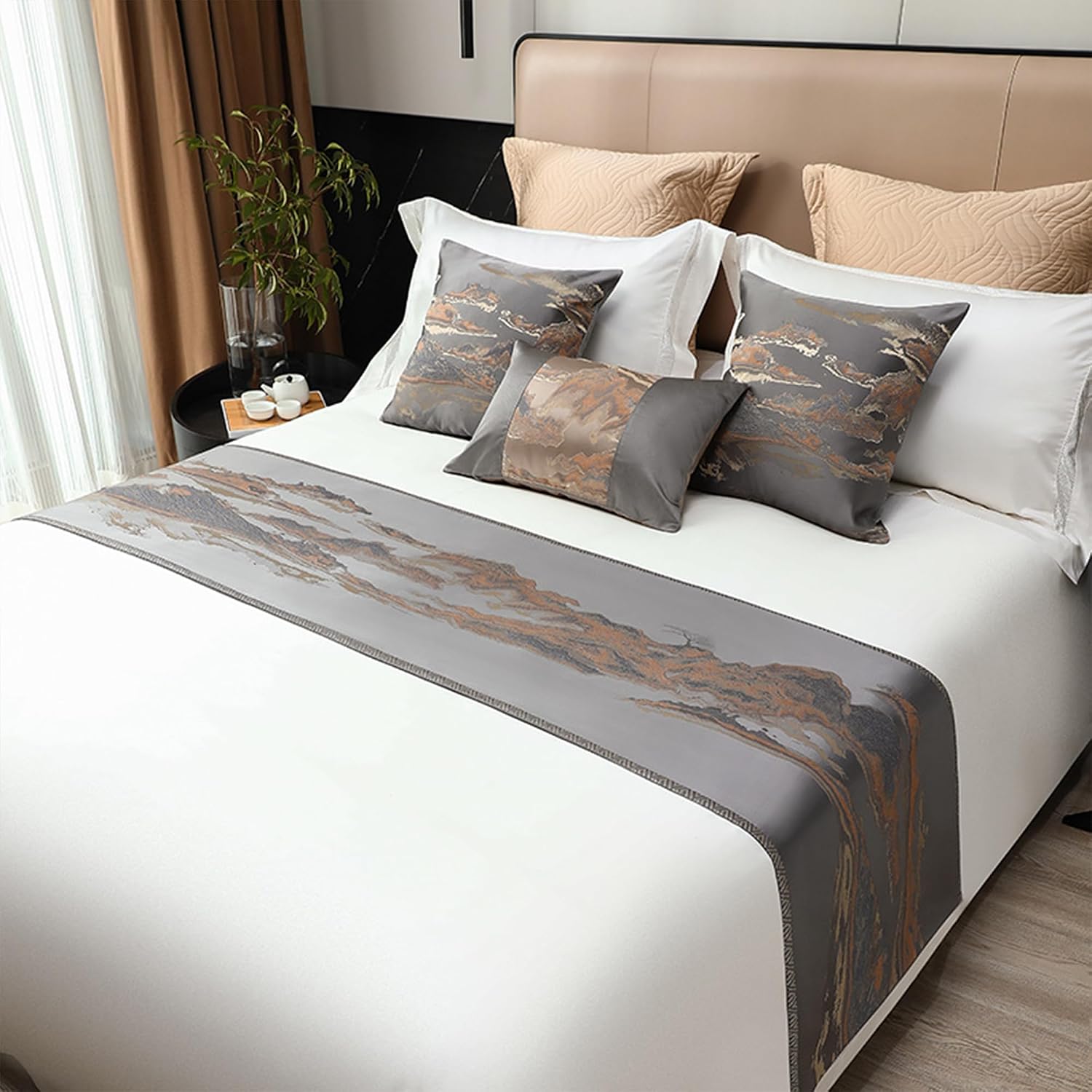 Luxury Bed Runner & Scarves，Landscape Jacquard Design Bed Runner,Elegant Bedding, Bed Room Decorative and Hotel Wedding Room Guestroom (Gray, King（19.7x94.5in）)