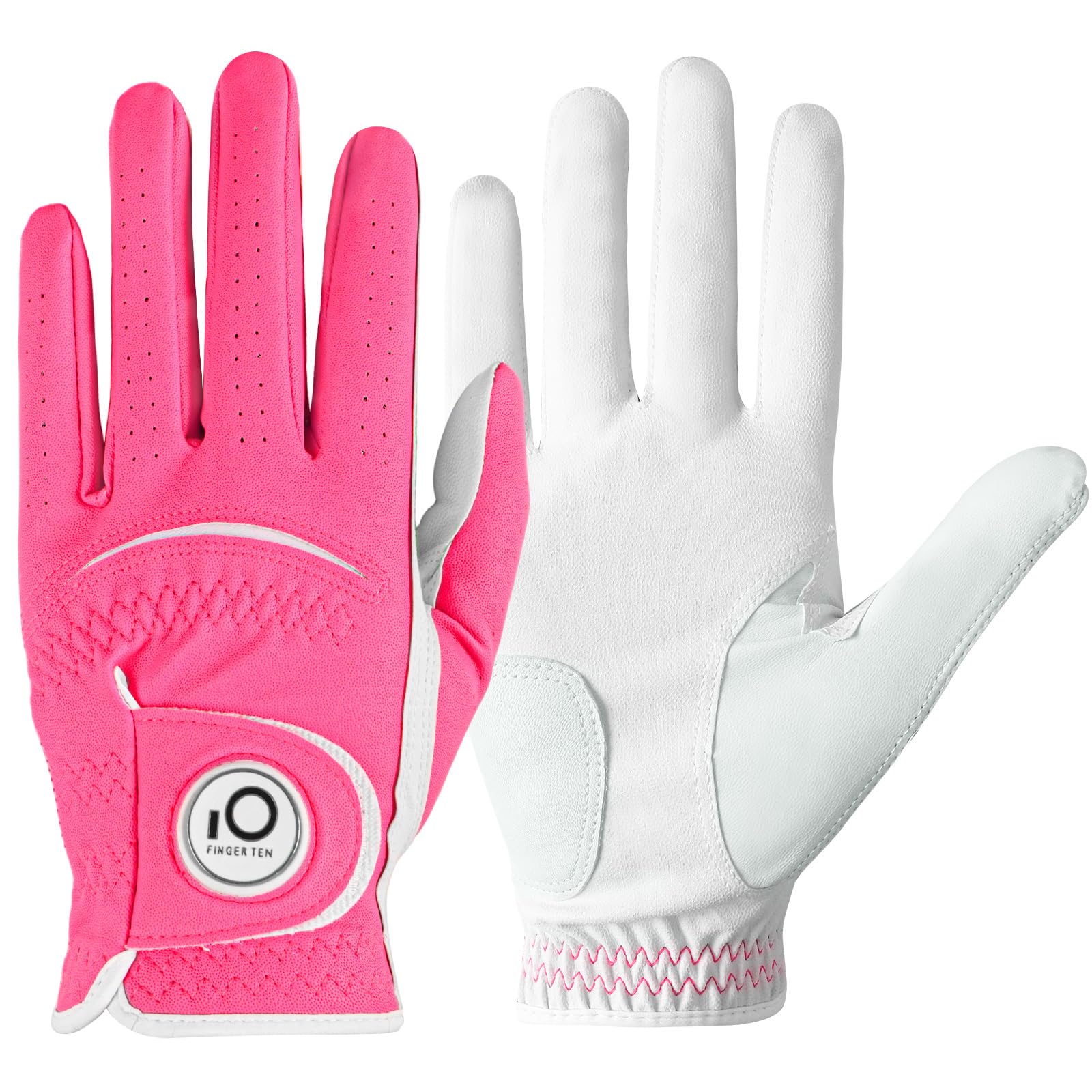FINGER TEN Golf Gloves Men Right Hand Left Leather with Ball Marker All Weather Soft Value Pack, Mens Golf Glove Wear Resistant Stable-Grip Thumb Palm Patch for Swing(Pink,L-Worn on Left Hand) — image 1