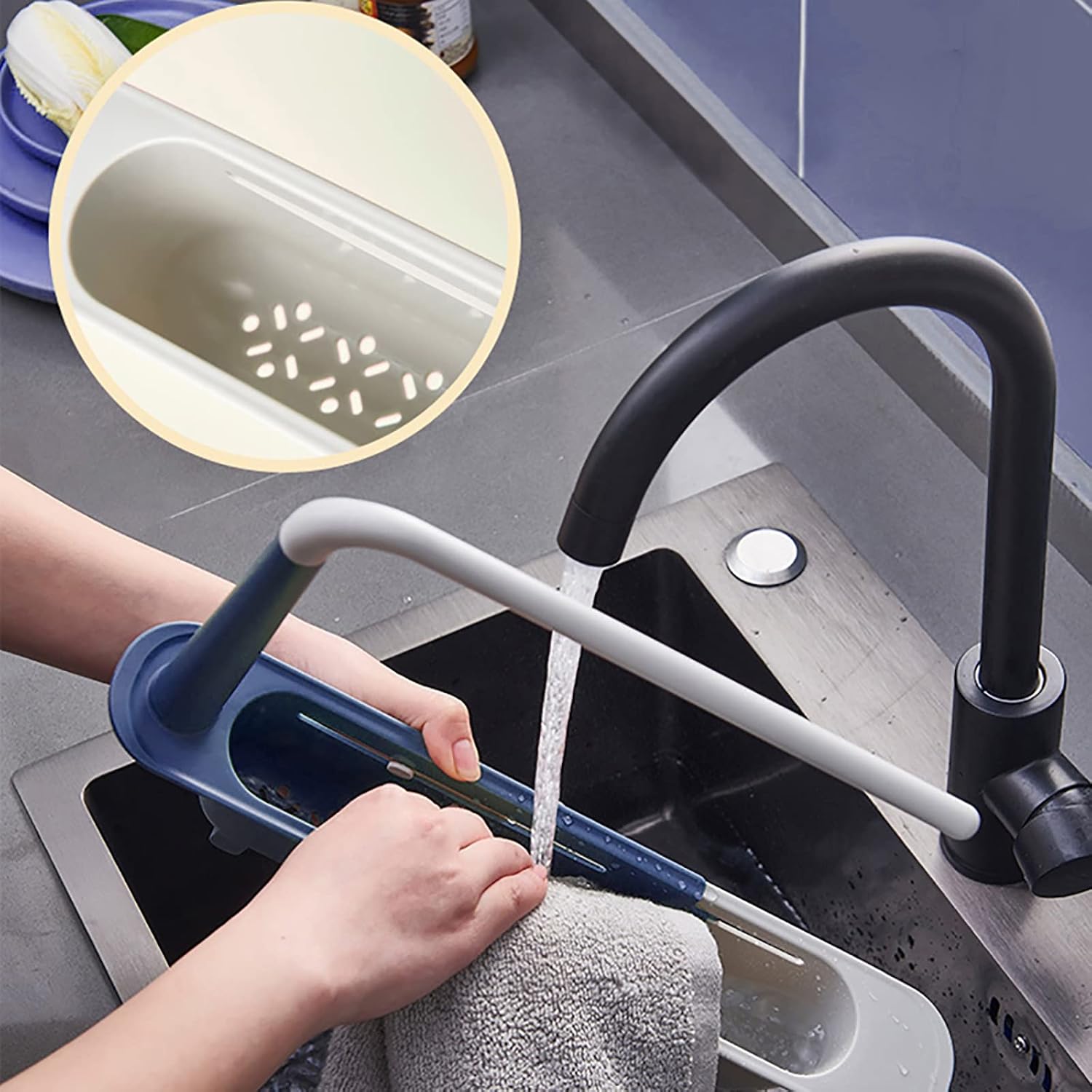 YAHUIPEIUS Telescopic Sink Rack Sponge Holder,Sink Organizer Expandable Sink Organizer Adjustable Drainer Sink Tray Sponge Soap Holder, Sink Organizer Holder Dish Cloth Hanger for Home Kitchen (Blue)