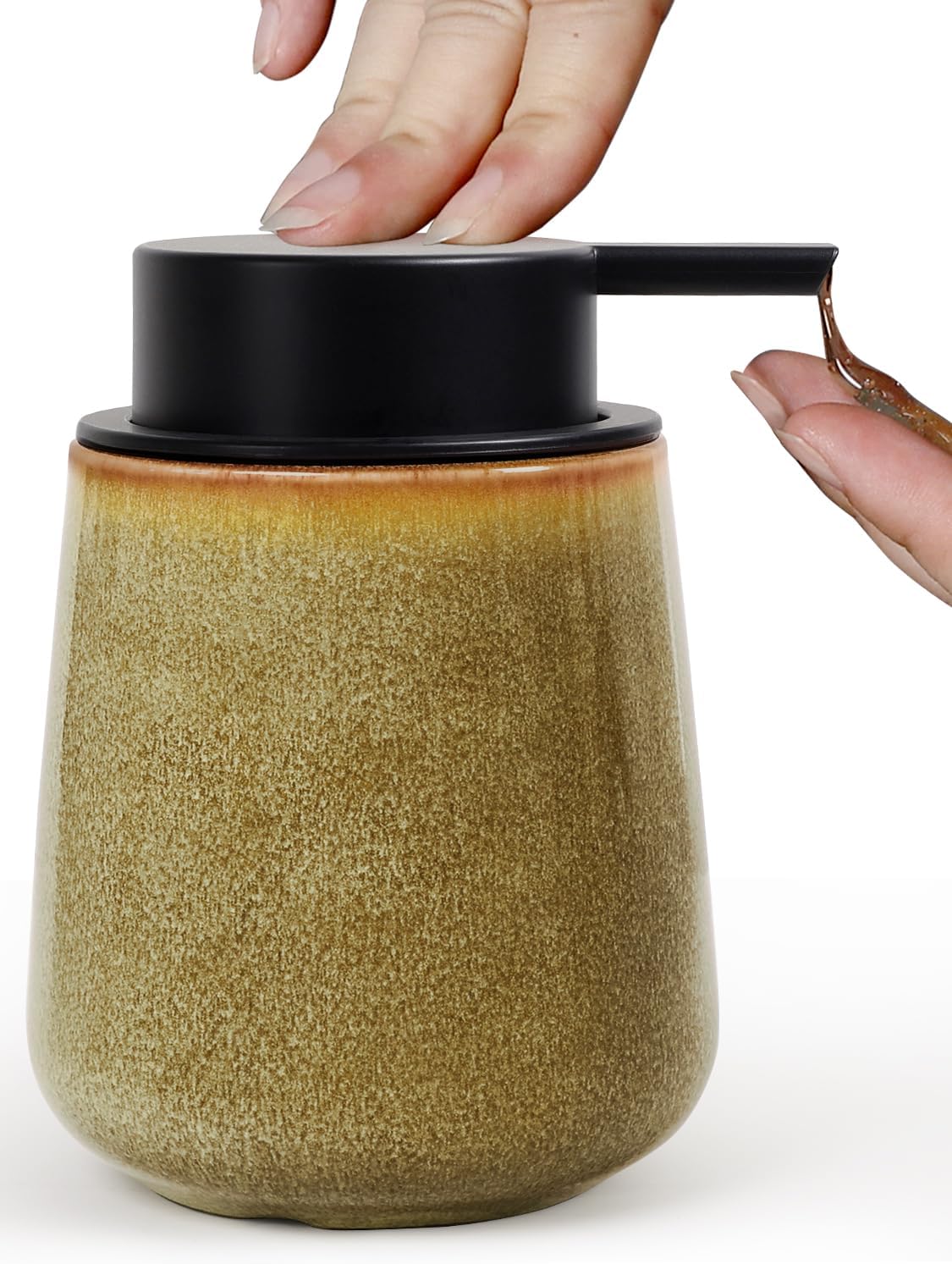 INGOFIN Ceramic Lotion Dispenser - 12 oz Refillable Hand Soap Dispenser Bathroom, Modern Liquid Soap Dispenser with Pump, Dish Dispenser for Kitchen,Kiln-Glazed Earthy Yellow-Brown