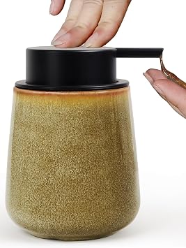 INGOFIN Ceramic Lotion Dispenser - 12 oz Refillable Hand Soap Dispenser Bathroom, Modern Liquid Soap Dispenser with Pump, Dish Dispenser for Kitchen,Kiln-Glazed Earthy Yellow-Brown