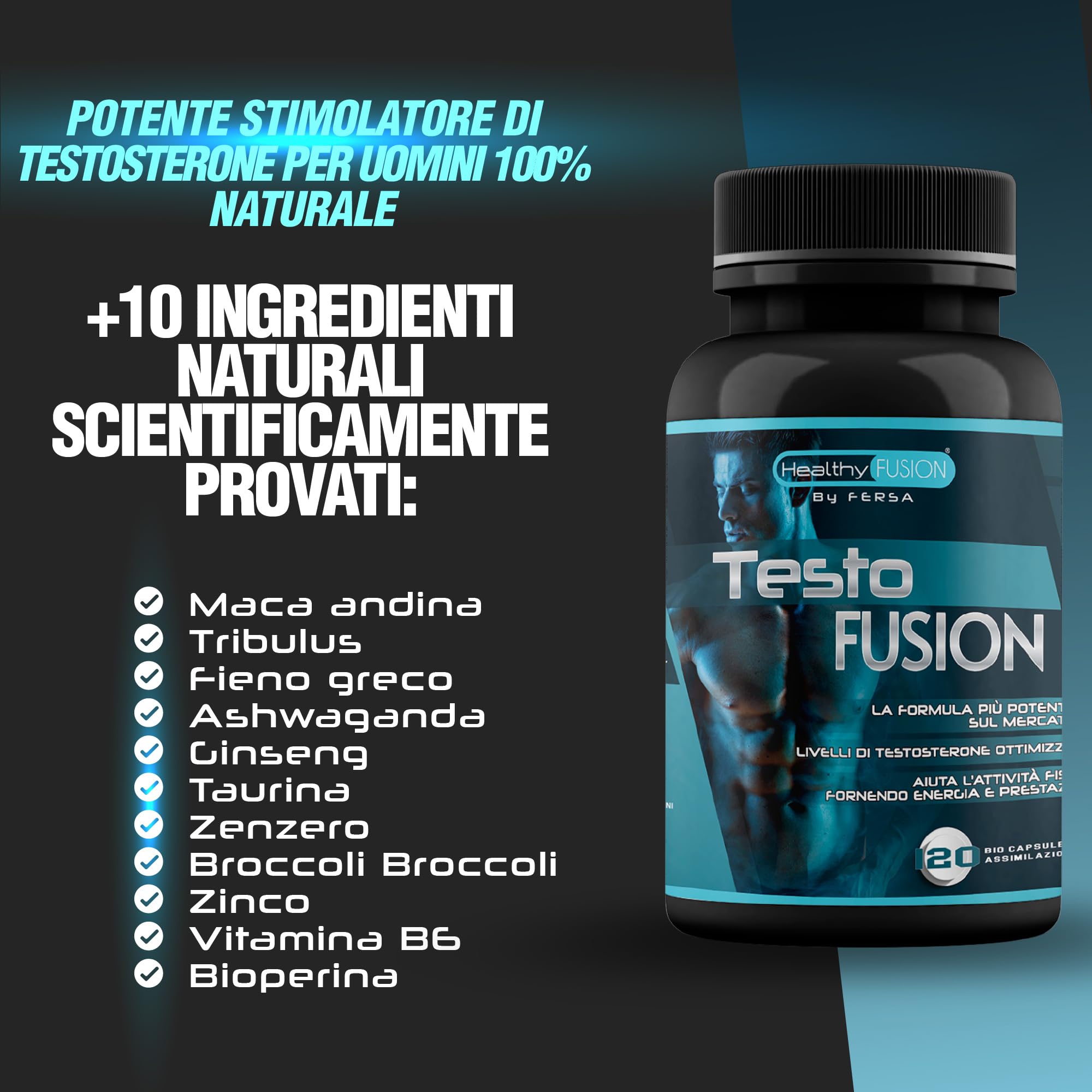 Healthy Fusion Booster Testosterone | Potenziante naturale del testosterone | Taurina + Maca andina, Ginseng | Energizzante 120 capsule