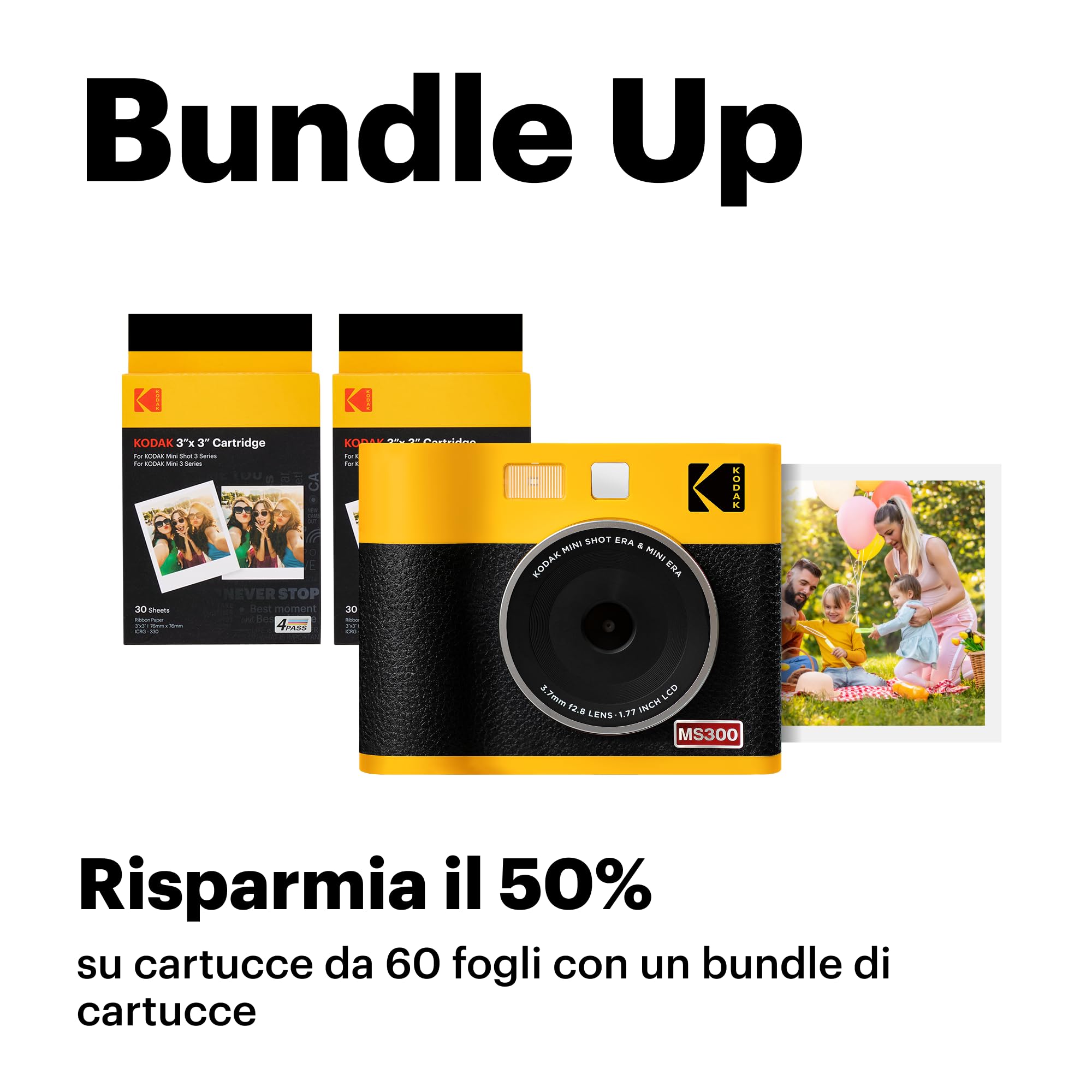 KODAK Mini Shot 3 Era 4PASS 2-in-1 Fotocamera Istantanea & Stampante Fotografica (7.6x7.6cm) (Fotocamera Istantanea + 8 Fogli inclusi + Pacchetto con 60 Fogli, Nero)
