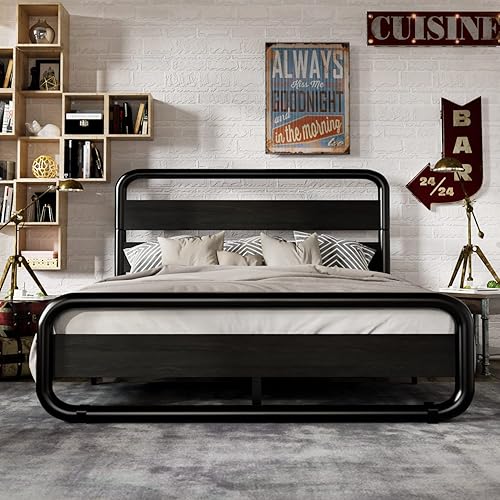 Miniatura 3 de MUTICOR Base de cama de metal de tamaño matrimonial con cabecero y estribo de madera redondoscurvos, marco de cama de plataforma con almacenamiento