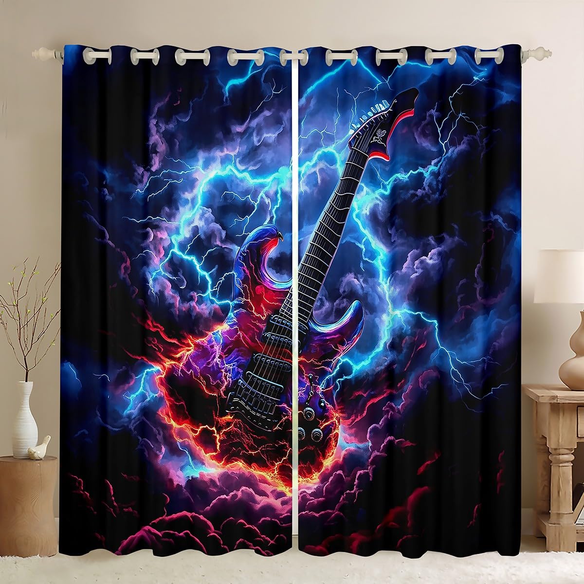 Tende per finestre con chitarra elettrica, fiamme fulmini per ragazzi e ragazze, con musica rock, decorazione per la casa, tende per finestre per soggiorno e camera da letto, 167 x 228 cm