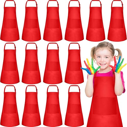 PLULON 12 delantales ajustables para niños, delantales rojos a granel con bolsillo para pintura para niños y niñas, pintura, cocina, hornear (rojo)