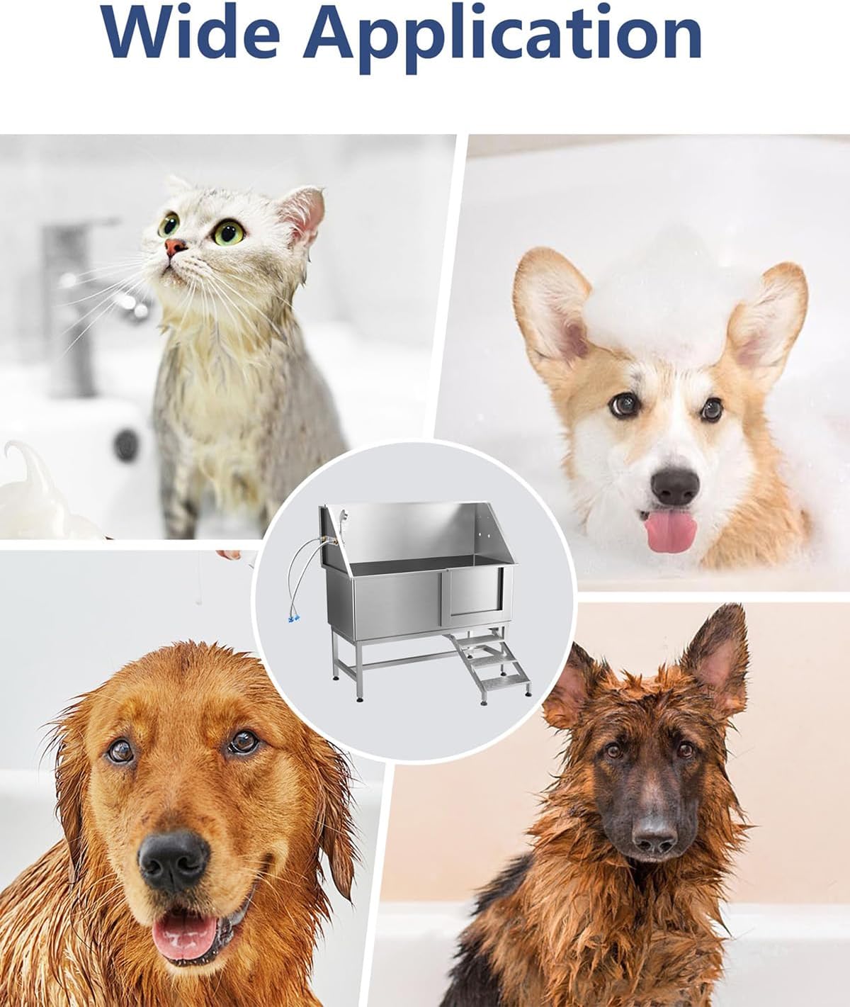 62" Dog Bathtub, Professional Stainless Steel Dog Washing Station with Stairs, Shower Head & Faucet, Dog Grooming Tub for Large, Medium, Small Dogs Pets