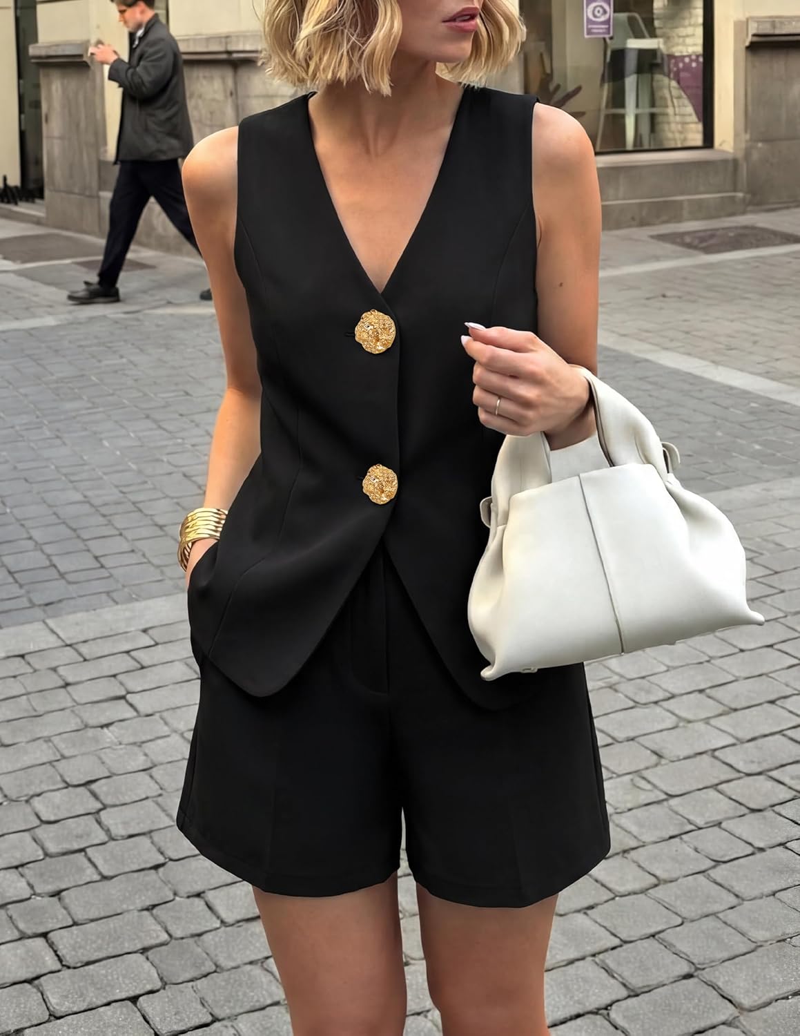 ZESICA Women’s Summer Casual 2 Piece Short Sets 2026 Button Suit Vest Tops Shorts Dressy Business Work Outfits - Image 2