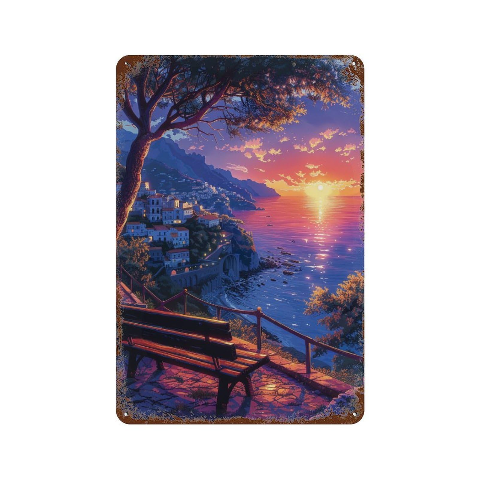 Sunset Over Coastal Village 11.8"x7.9" Vintage Rust Metal Sign, Classic Wall Plaque for Pub, Kitchen And Man Cave Decor