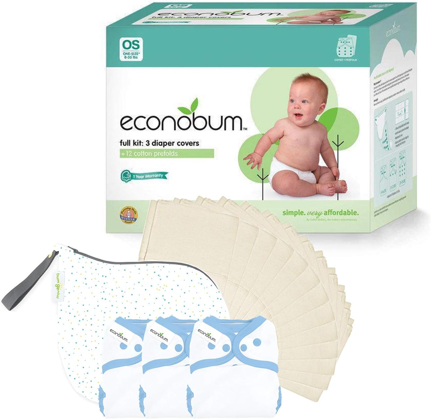 Cloth Diaper Full Kit: 3 Diaper Covers, 12 Prefolds and 1 Wet Bag (Twilight)