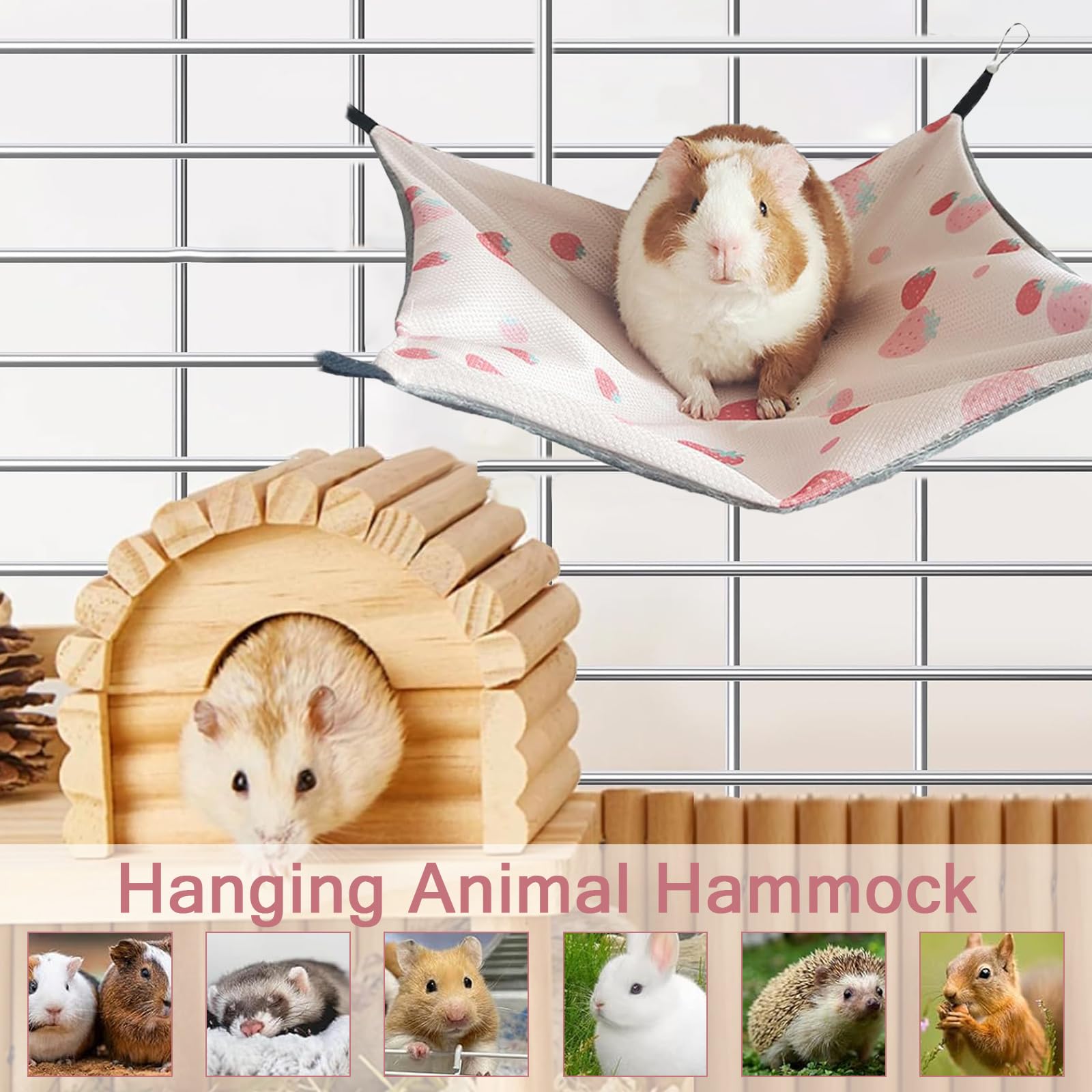 Hamac Cochon d'Inde Avocat Cousu Main 34CM x 34CM Cage Furet Réglable Librement pour Repos Jeu Sieste Cabane Lapin Conception Antidérapante pour Lapin Hamster Cochon d'Inde (Fraise Rose)