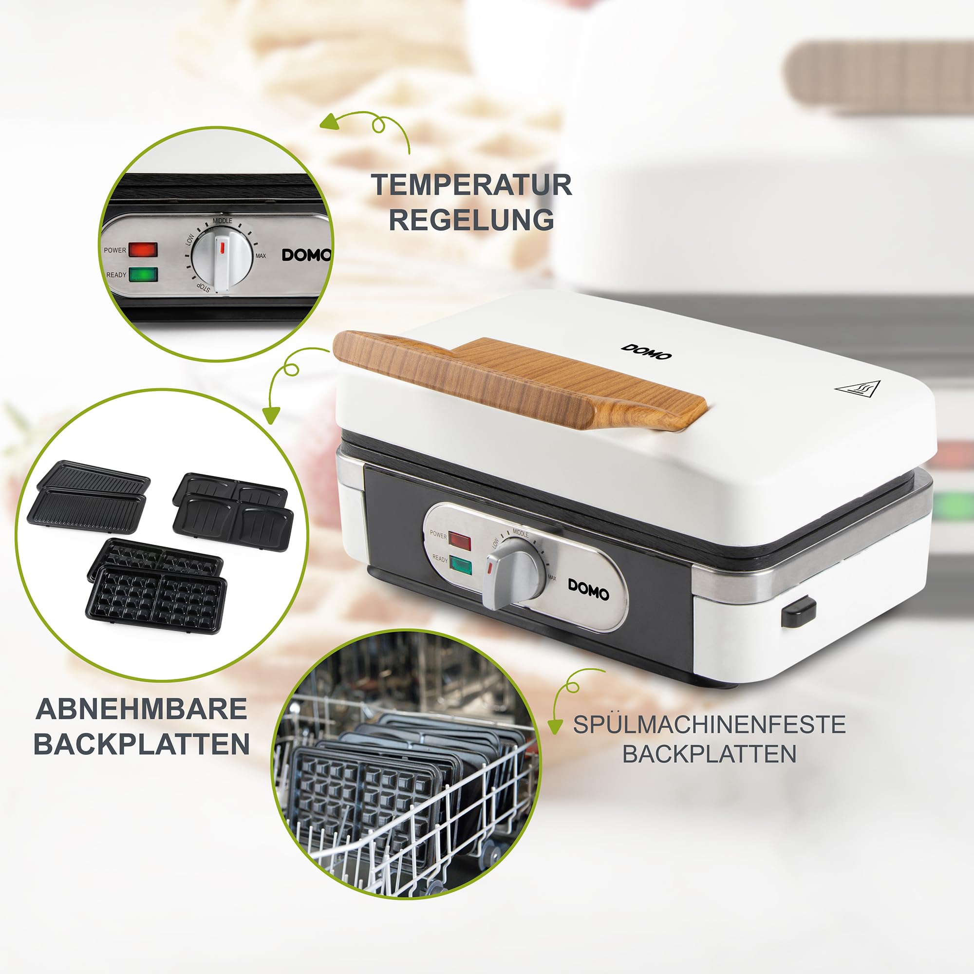 DOMO DO9277C Snackmacher 3-in-1 - Sandwichmaker - Waffeleisen - Kontaktgrill - 1100W - Weiß
