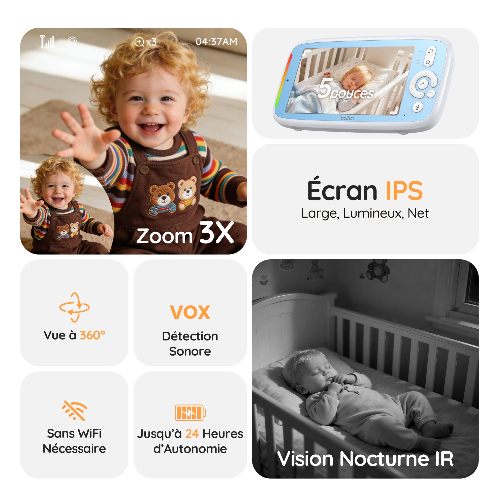 BOIFUN Babyphone Camera sans WiFi ni Ondes 5" 720P IPS (Modèle Amélioré), Vision Nocturne Infrarouge Invisible, Camera Bebe 360°, Batterie Longue Durée 24h, Portée Longue Distance, Audio Clair