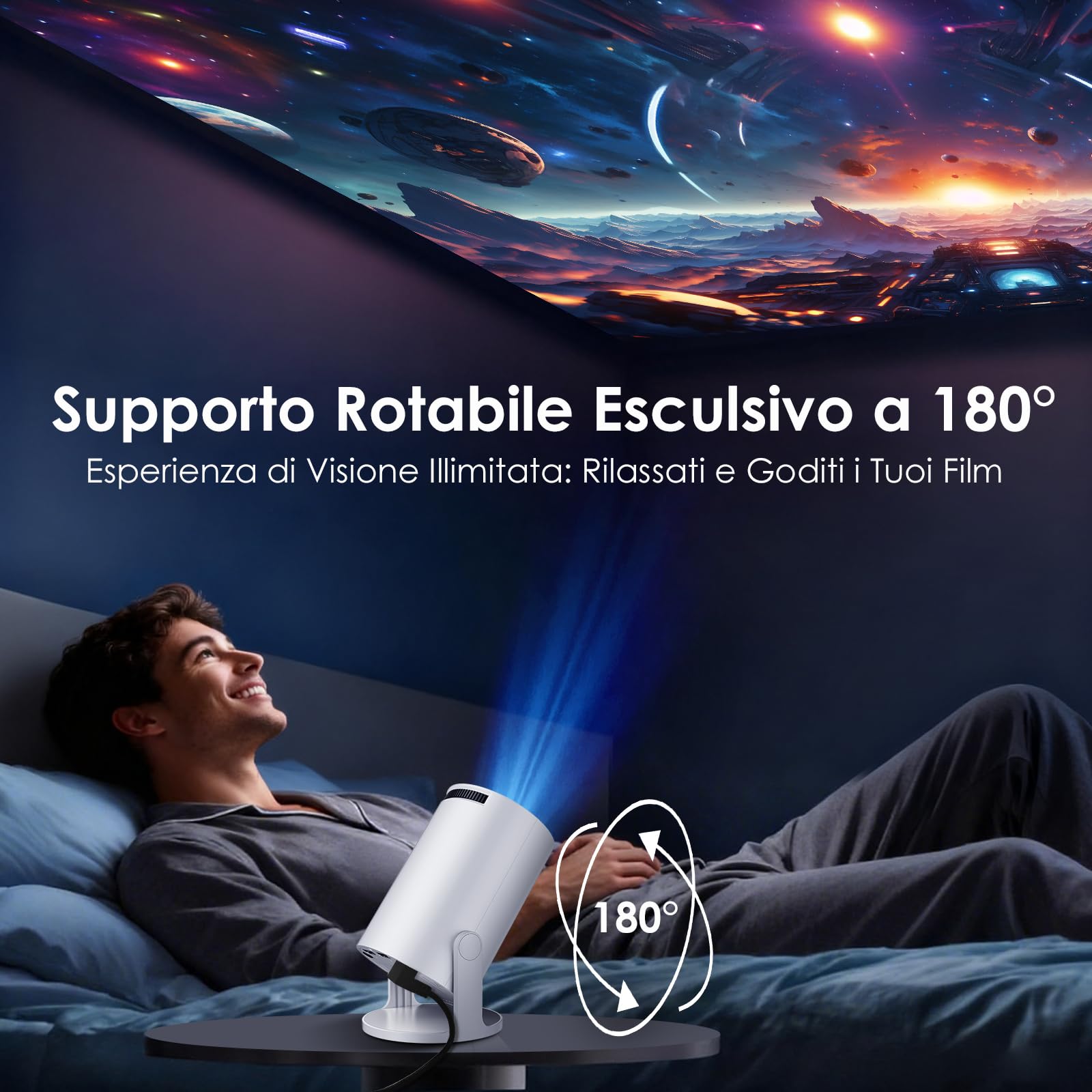 WOLFANG Mini Proiettore【App Integrate & WiFi 6】Videoproiettore Portatile 1080P con Bluetooth e Trapezoidale Verticale Auto, Proiettore da camera da letto a 180° compatibile con iOS/Android/PC/TV Stick