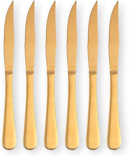 HOMQUEN Juego de cuchillos dorados para carne, juego de cuchillos de acero inoxidable, mango de agarre cómodo y duradero, para pizza o bistec