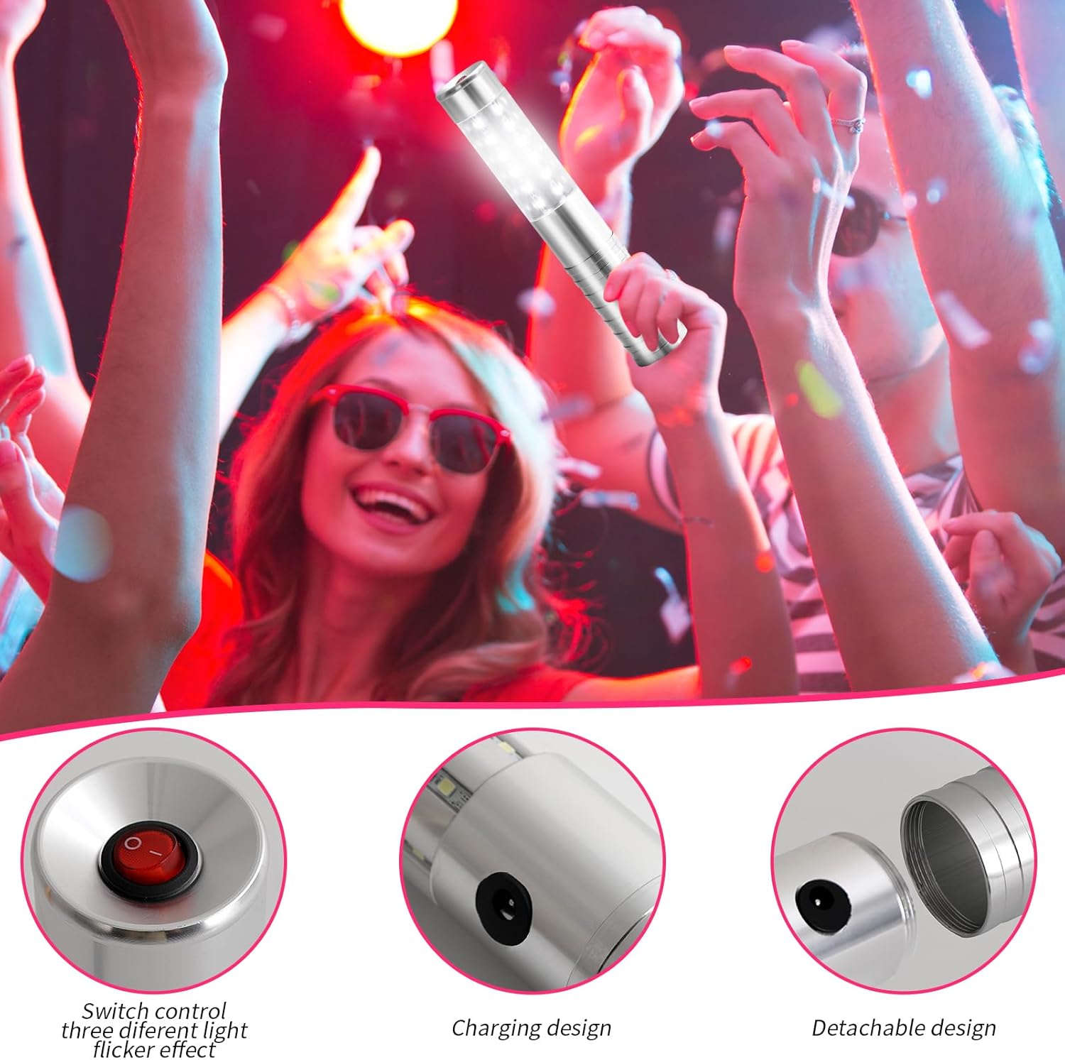 LED Strobe Baton Lights, 4 Pack, Rechargeable Handheld Bottle Service Lights for Stage, Nightclub, Wedding, Party, Concert, Bar (Silver)