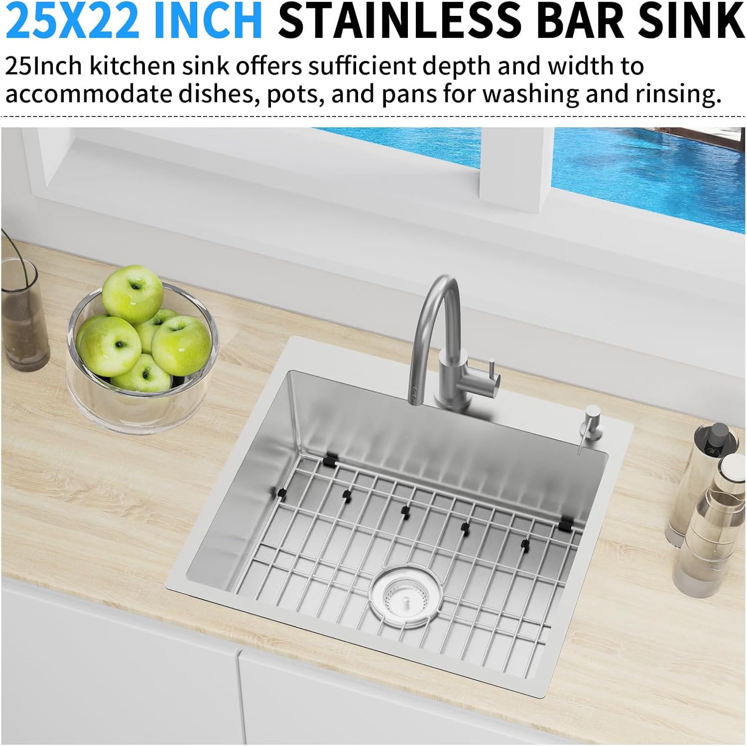 25x22 inch stainless steel kitchen sink - drop in single bowl topmount kitchen sink come with bottom grid, silicon mat and drain assembly set stylish and modern look add elegance & enhance usability 25x22in stainless