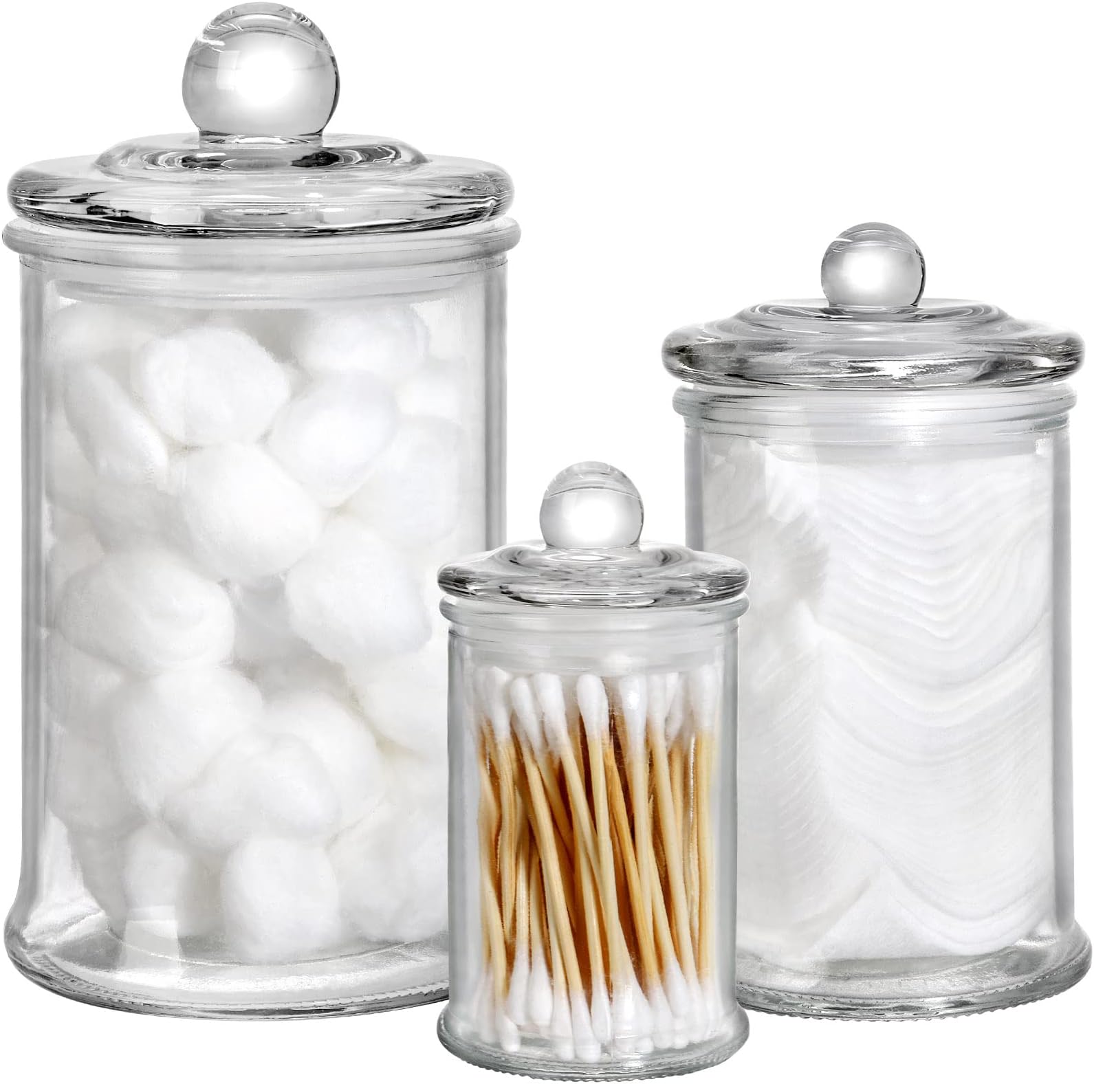 Suwimut Set of 3 Glass Apothecary Jars with Lids, Bathroom Vanity Storage Organizer Clear Apothecary Jars Holder Canister Set for Cotton Swabs,Makeup Sponges, Mason Jar Bathroom Accessories Set