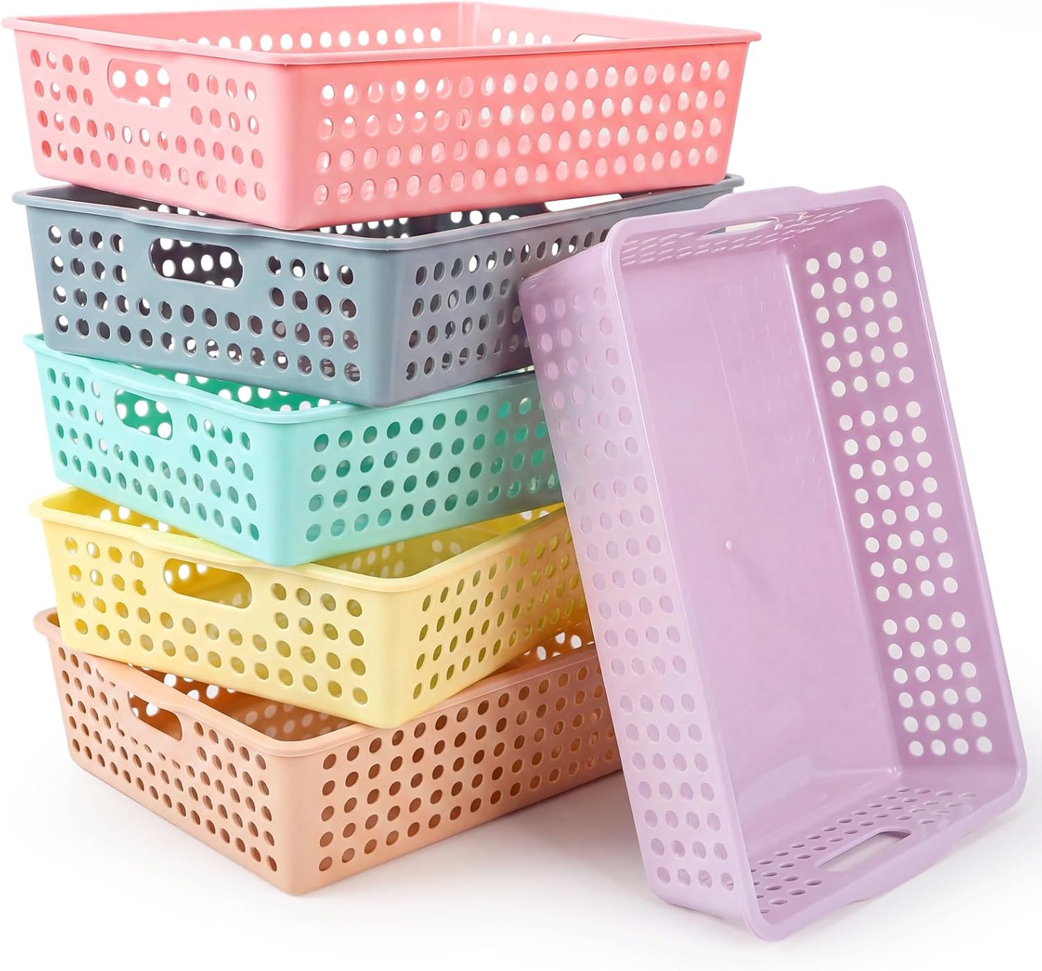 Tenceur 6 Pcs Plastic Classroom Storage Baskets, Pastel Stackable Paper Baskets for Classroom Organization, Turn in Trays for Teachers, Library Office Desk Organizer, 13.5 x 10 x 3.1 Inches
