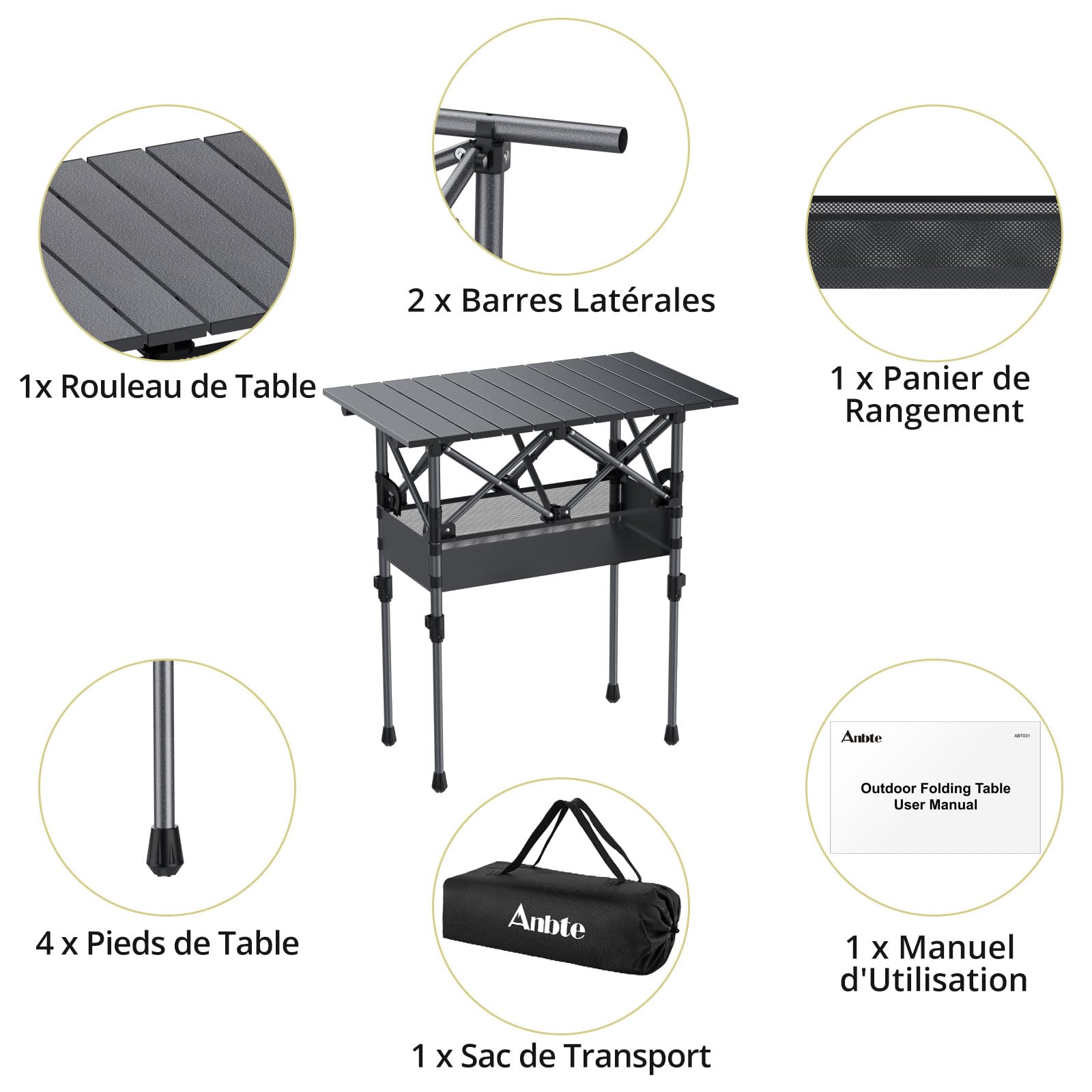 Anbte Table de Camping 64 cm Pliable, 2 Hauteurs Réglables, Aluminium avec Panier de Rangement et Sac, Étanche, Légère 64 x 40 cm, pour Barbecue, Pique-Nique, Voyage Extérieur, Noire