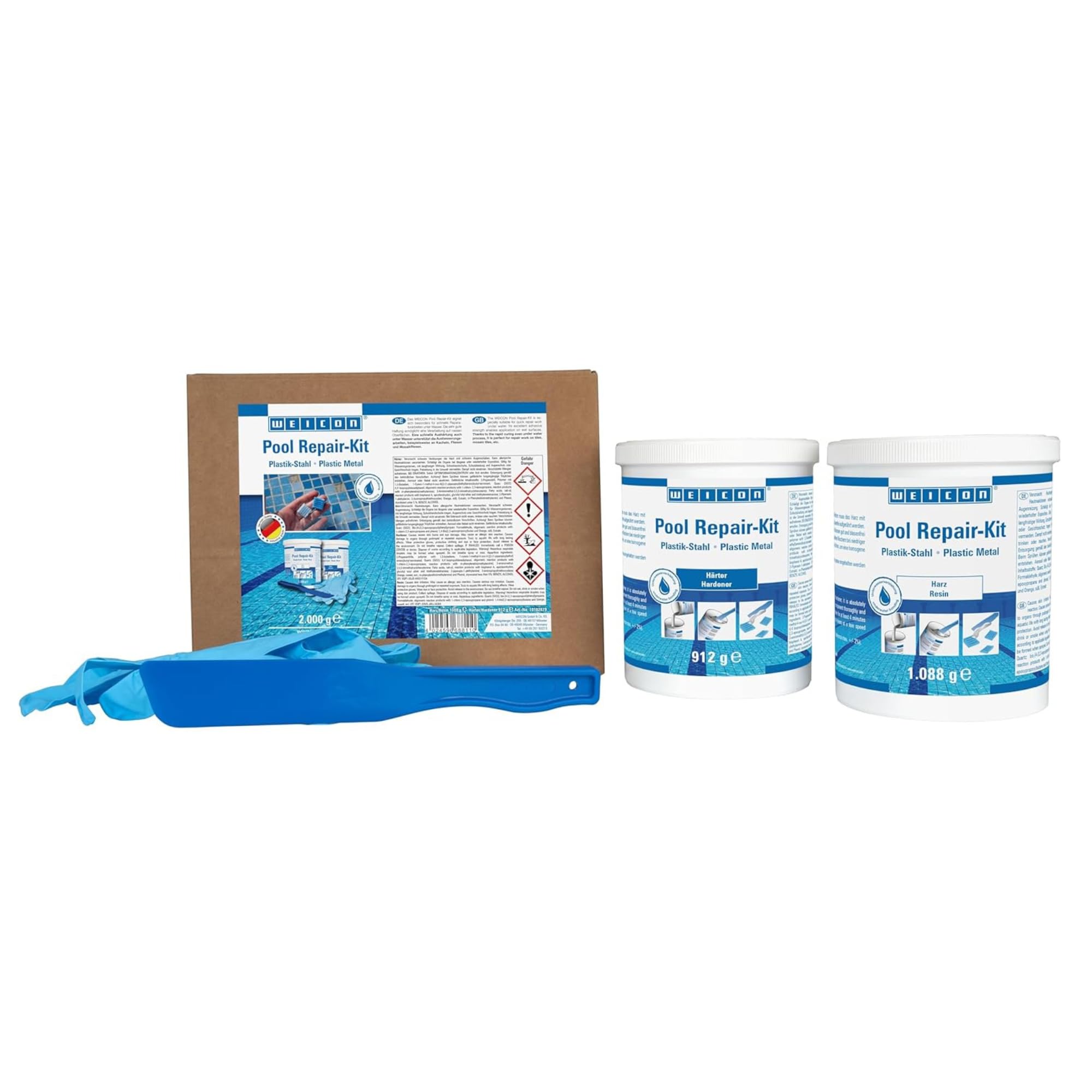 WEICON Kit di Riparazione per Piscina, Piastrelle e Mosaico, Adesivo Epossidico Bianco Pastoso, Asciugatura Rapida anche sott'Acqua