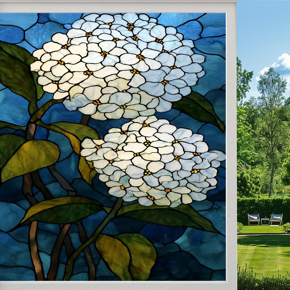 Watercolor Hydrangea Stained Glass Window Film, Natural Flower Plants Peel and Stick Privacy Film, Frosted Adhesive Vinyl Decorative for Bathroom Windows Glass Doors, （40x80cm）