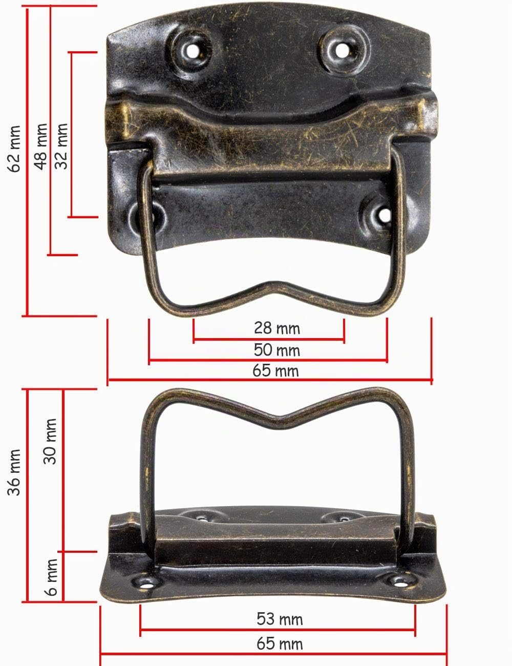 Fuxxer Set di 4 maniglie pieghevoli antiche per cassapanche, cassette, 65 x 62 mm, design in ottone bronzo