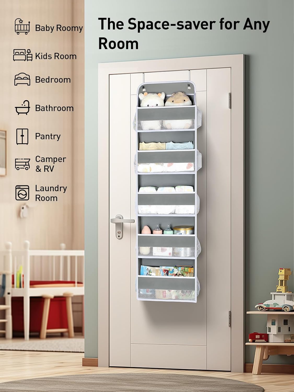 Yecaye 1 Pc Over the Door Organizer with 5 Bins 10 Side Pockets, 44lbs Load Hanging Bathroom and Bedroom Organizer, behind the Door Hanging Organizers for Nursery Newborn Baby Essential Stuff Grey - Image 8