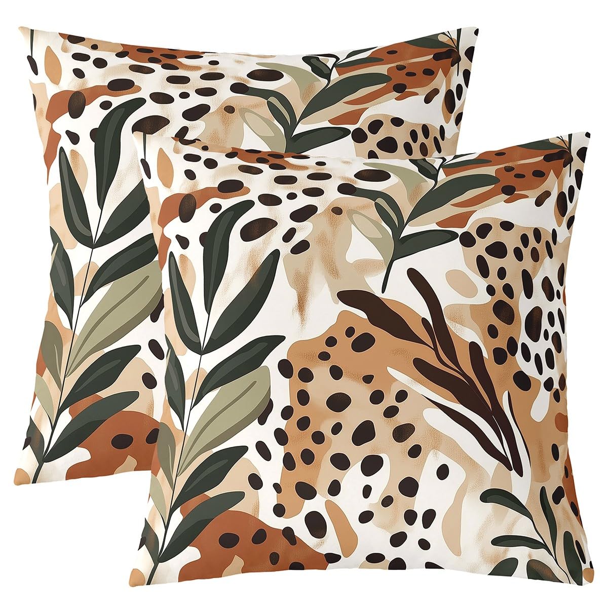 Homemissing Leopard Reversible Throw Pillow Covers 45x45cm Leaves Pillow Covers Home Decor Botanical Square Cushion Covers Set of 2 Nature Theme Throw Pillowcases for Sofa Couch Chair Brown โ image 1